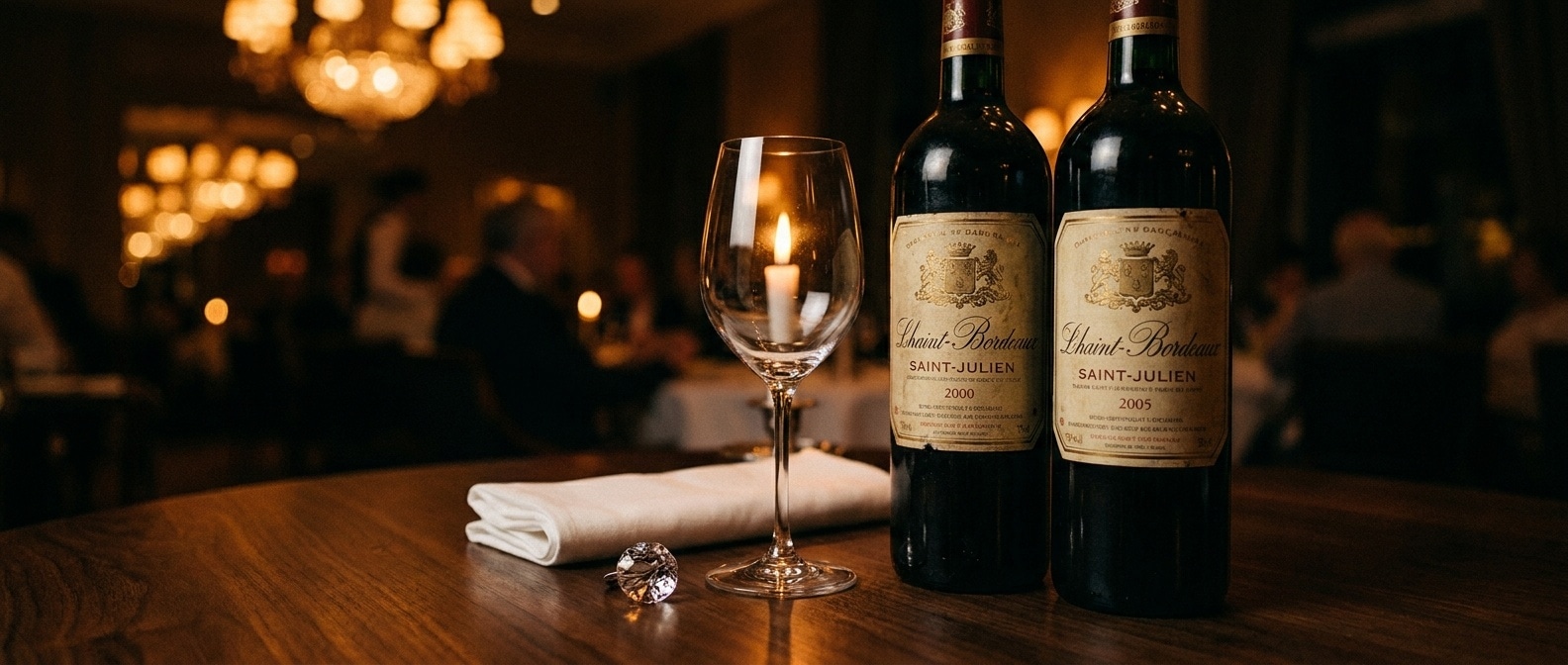 파인다이닝 테이블 위 두 와인 병과 와인 잔 — 빈티지 차이