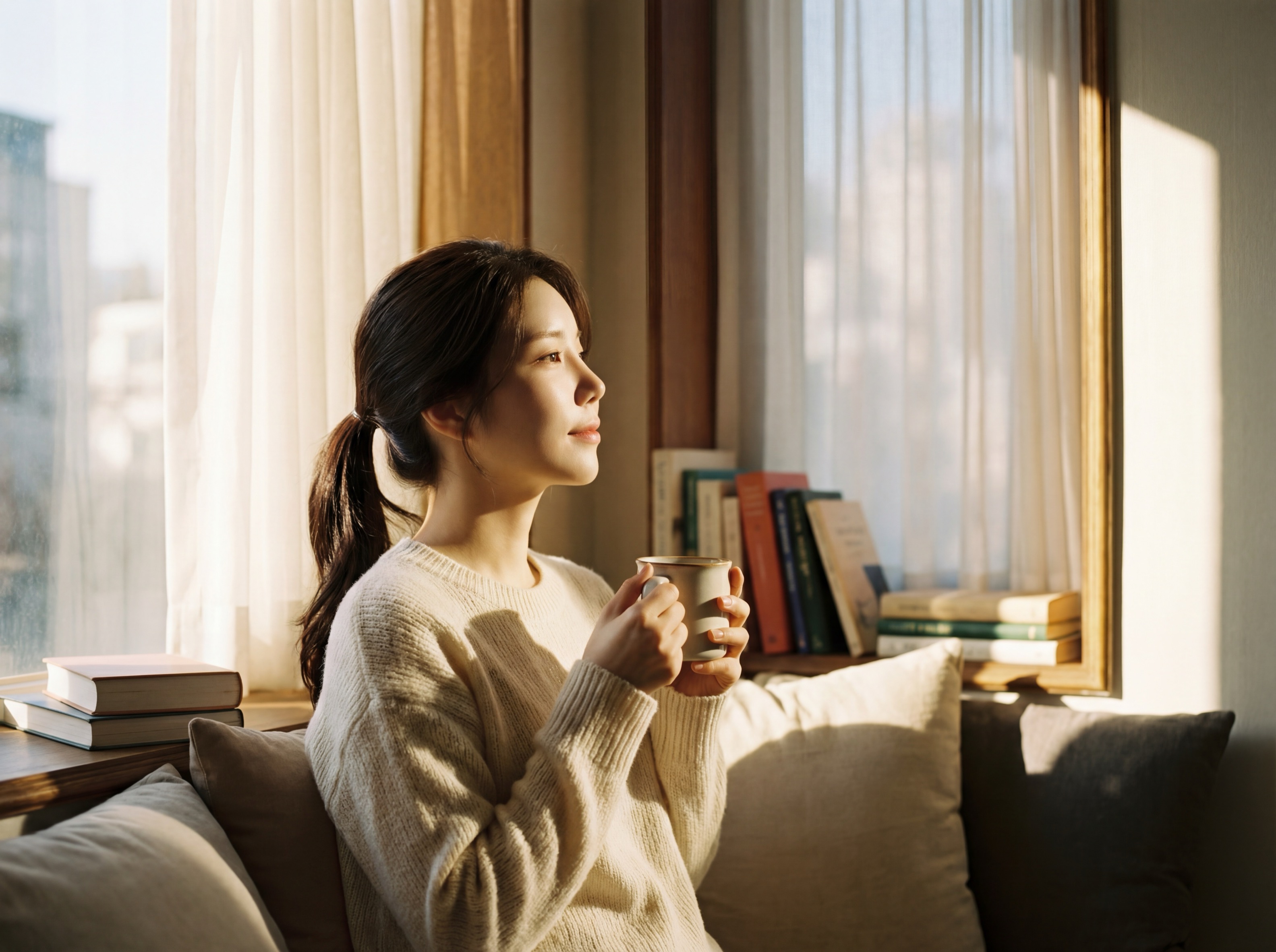 창가에서 따뜻한 아침