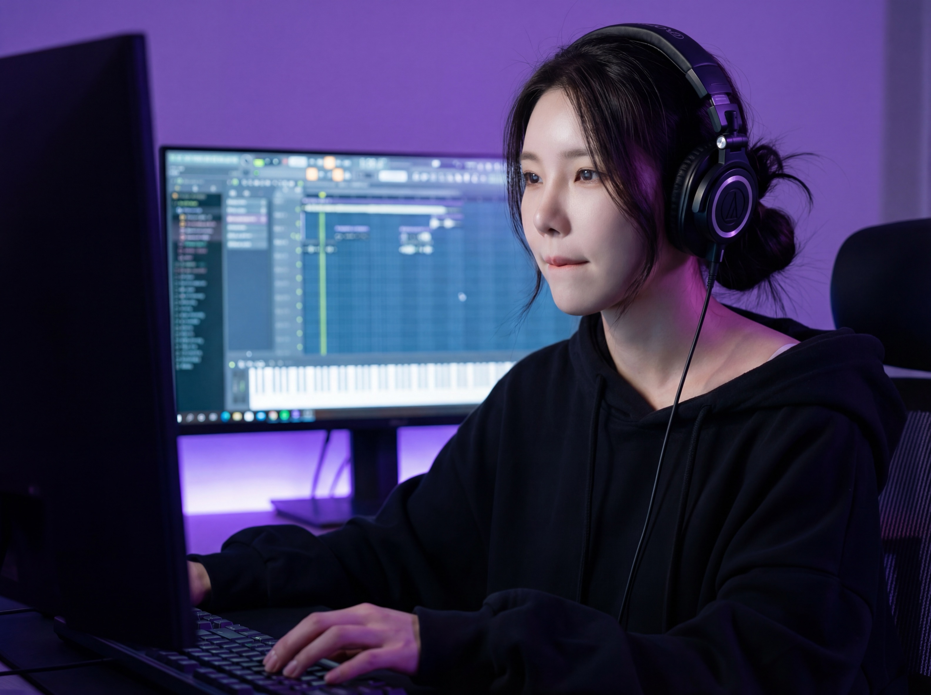 어두운 방에서 음악 작업하는 루나