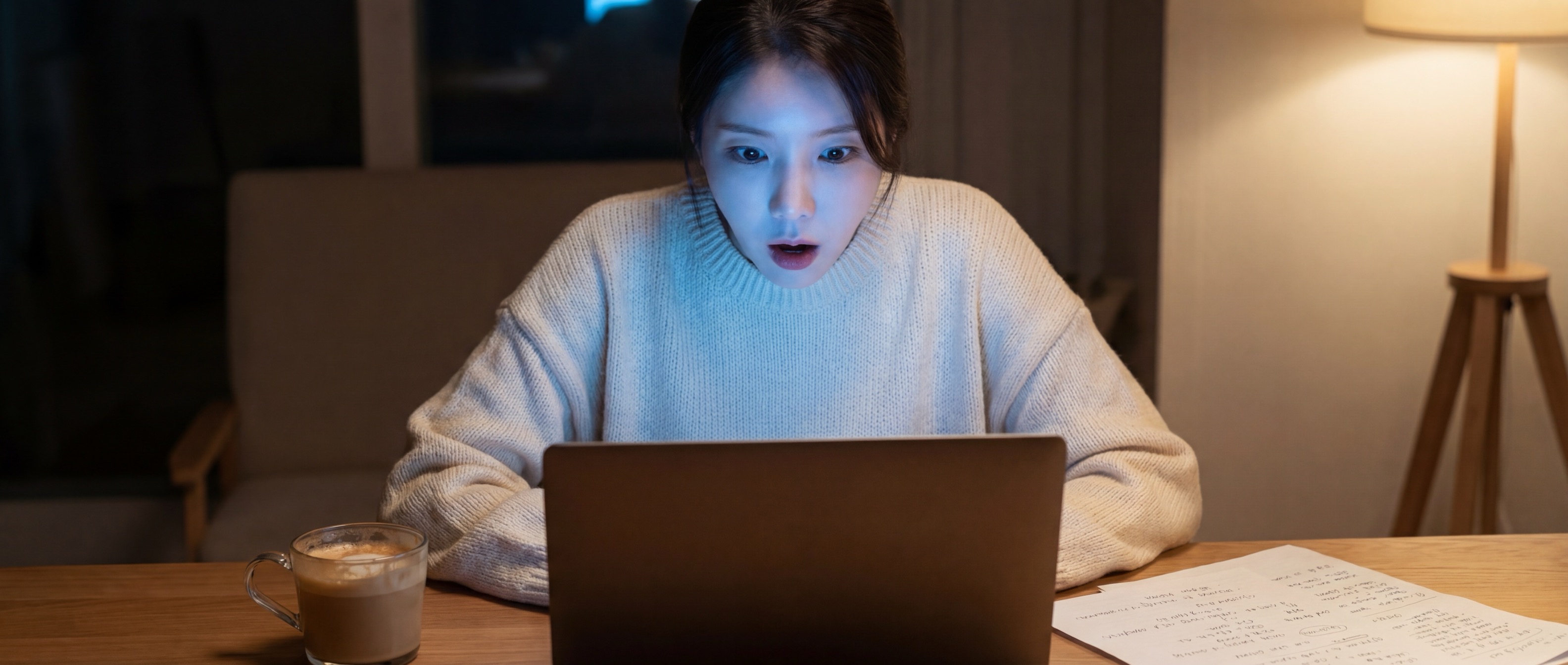 밤늦게 노트북 앞에서 뉴스를 보다 놀란 표정의 루나