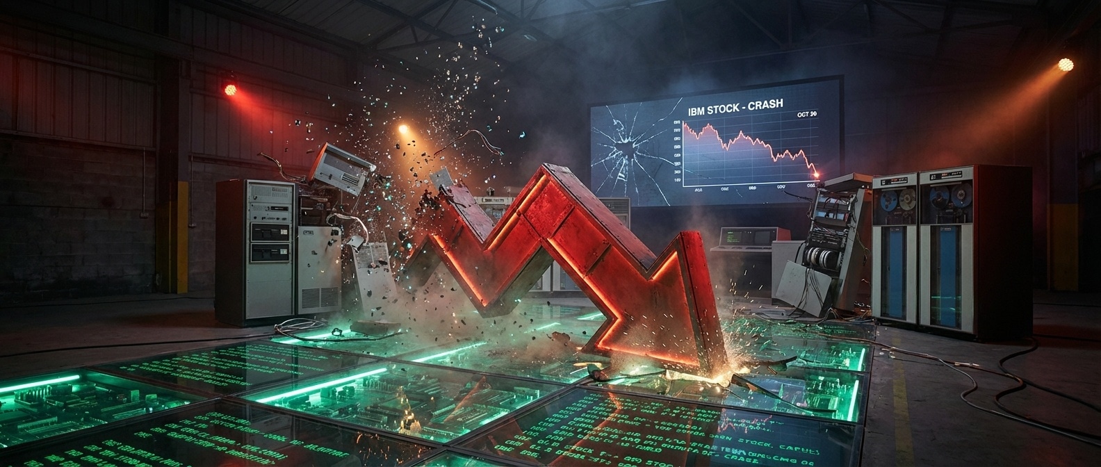 IBM 주가 급락 차트와 COBOL 코드가 녹아내리는 듯한 시각화