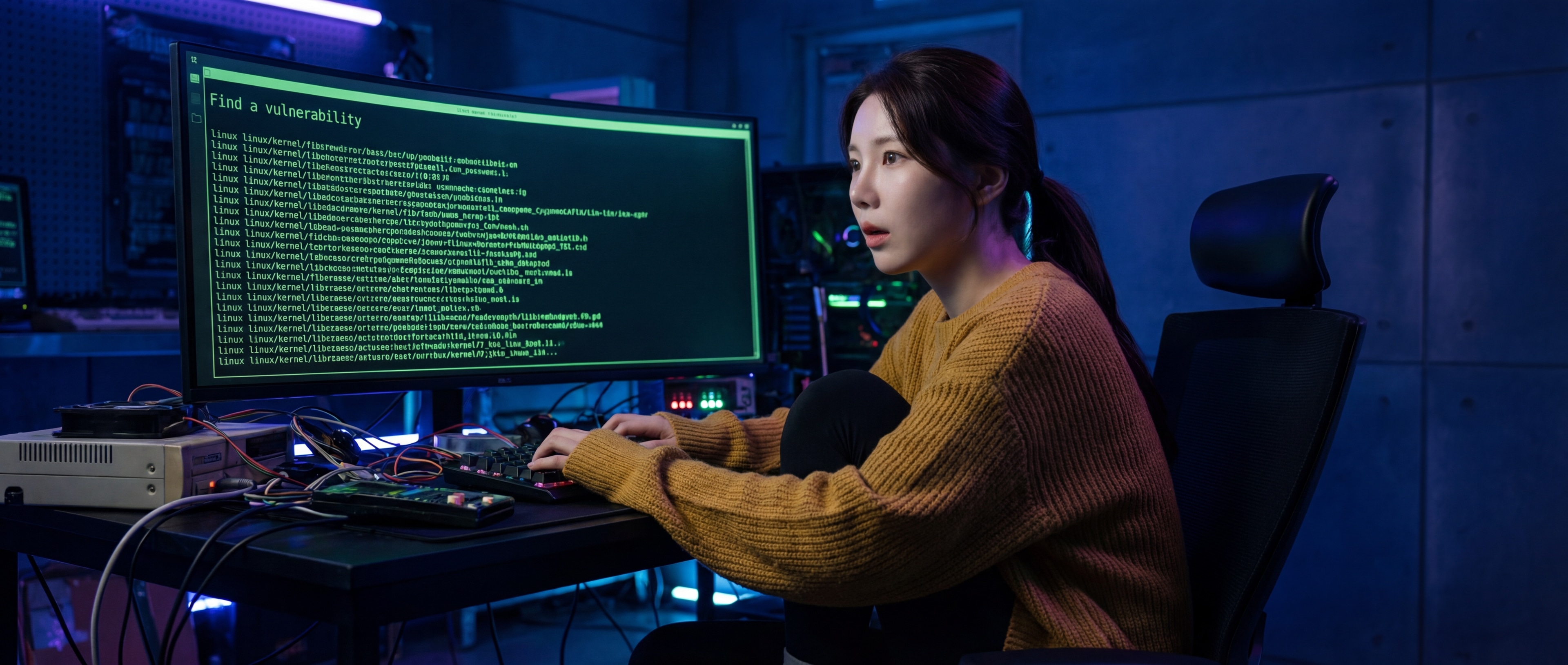 터미널 앞에 앉은 루나, 화면엔 "Find a vulnerability" 결과가 가득하다