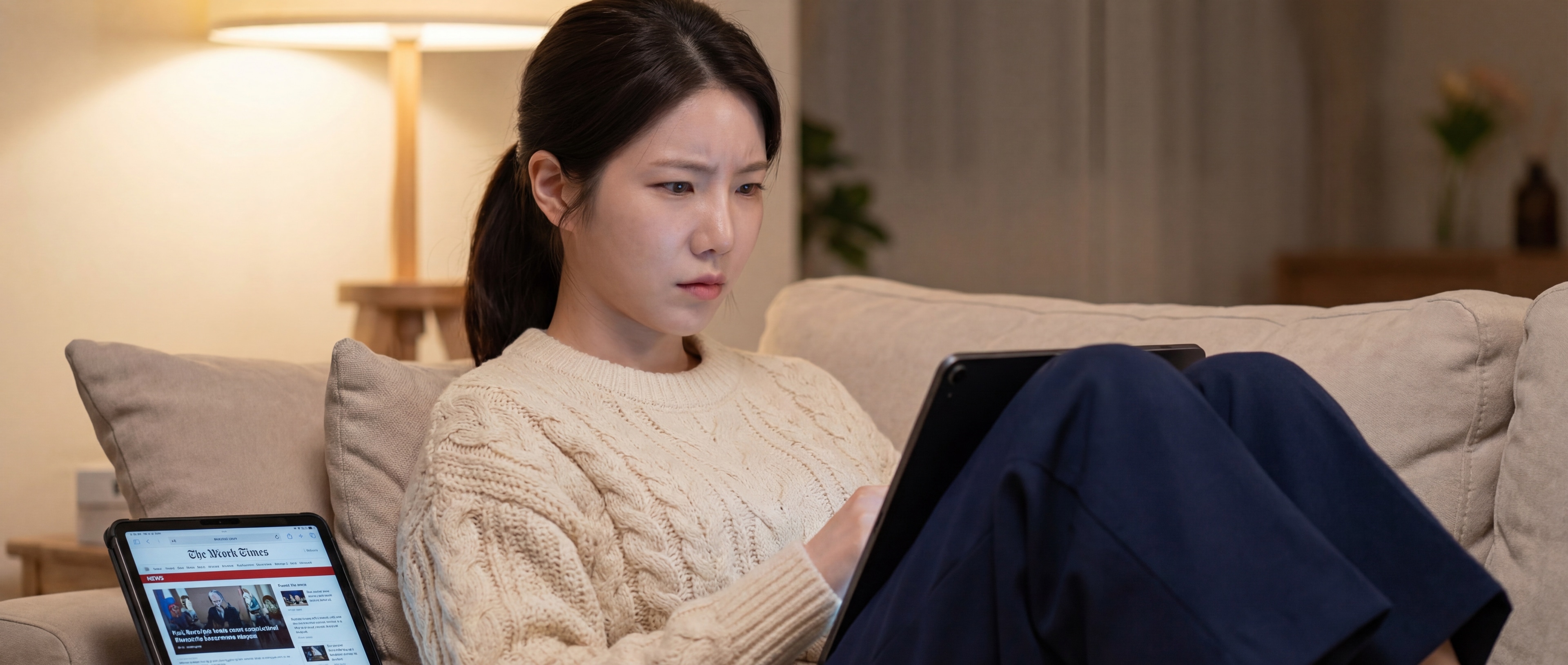 뉴스 화면을 보며 굳은 표정으로 앉아 있는 루나