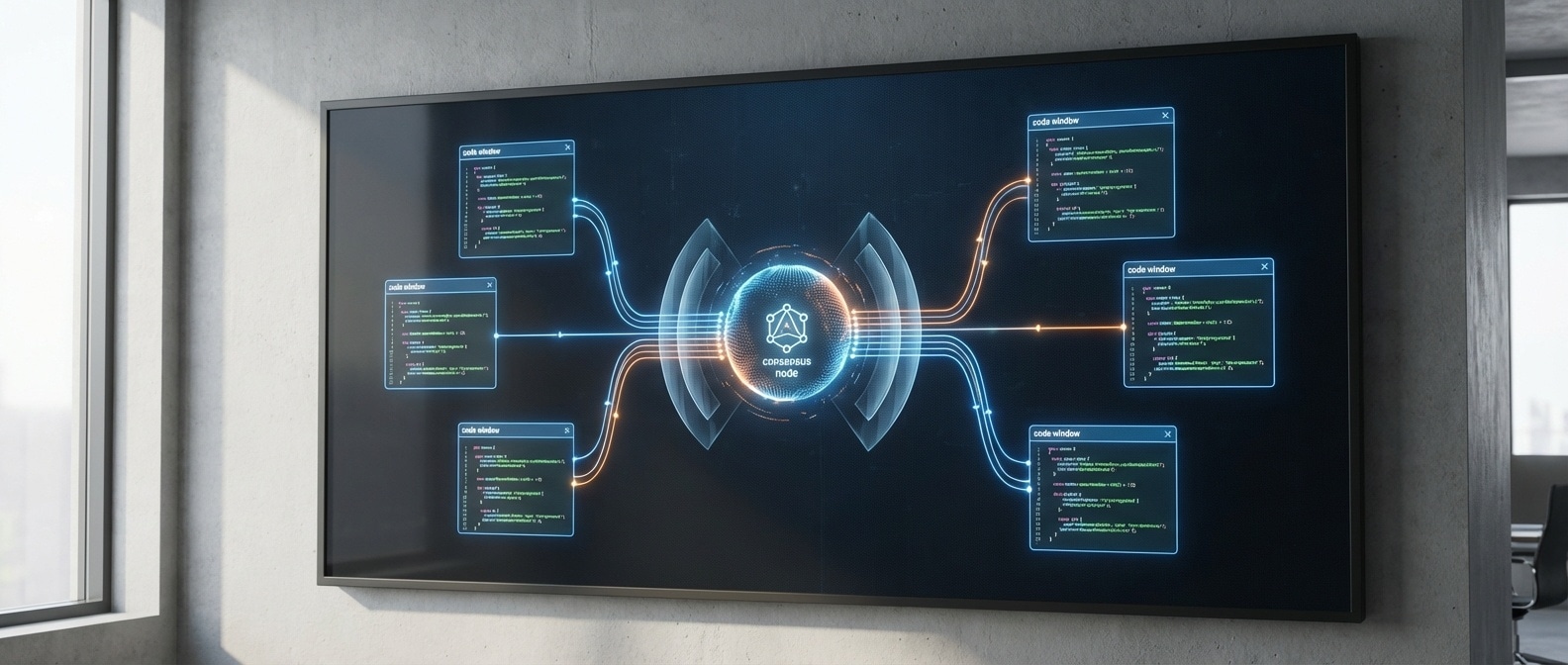 여러 코딩 에이전트가 하나의 설계도를 두고 충돌하는 추상적 장면