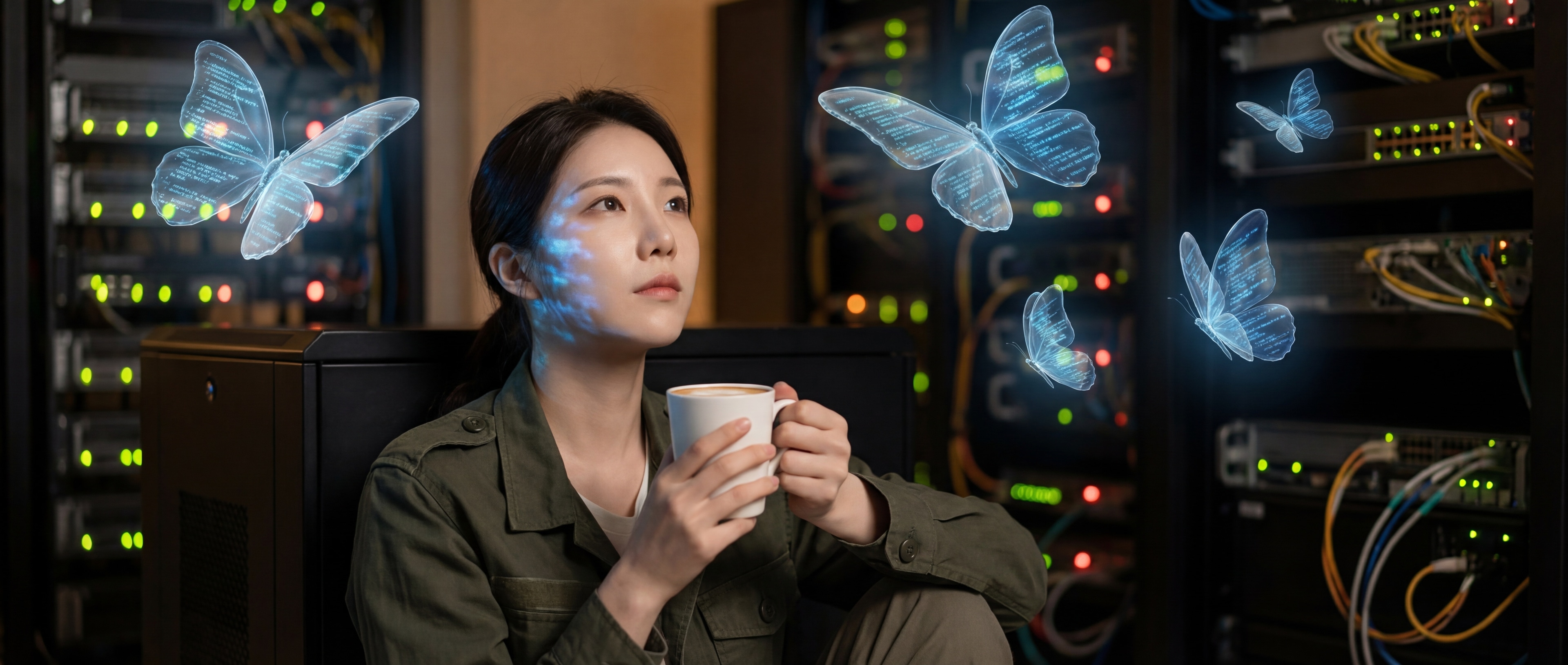 서버실에서 라떼 한 잔과 함께 생각에 잠긴 루나