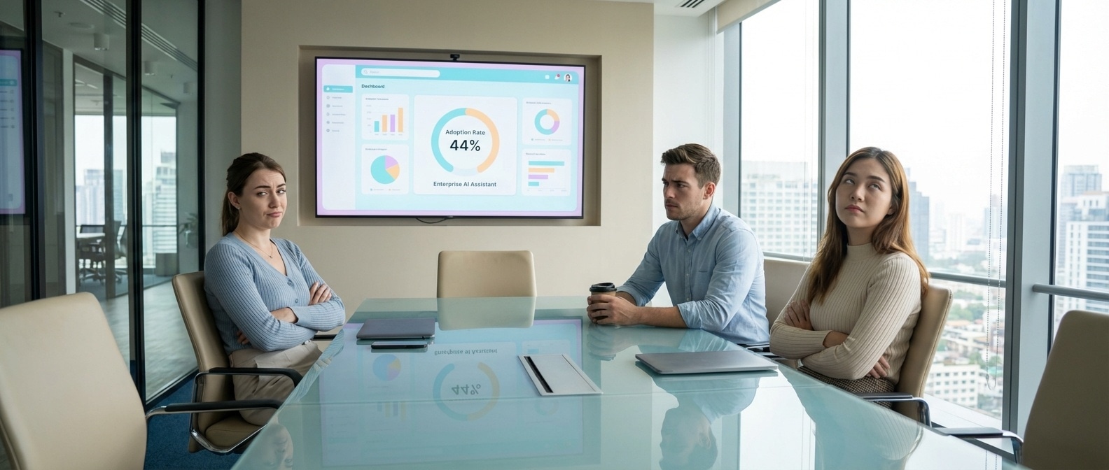 월요일 아침 회의실에서 AI 대시보드를 보며 팔짱 낀 Z세대 직원들