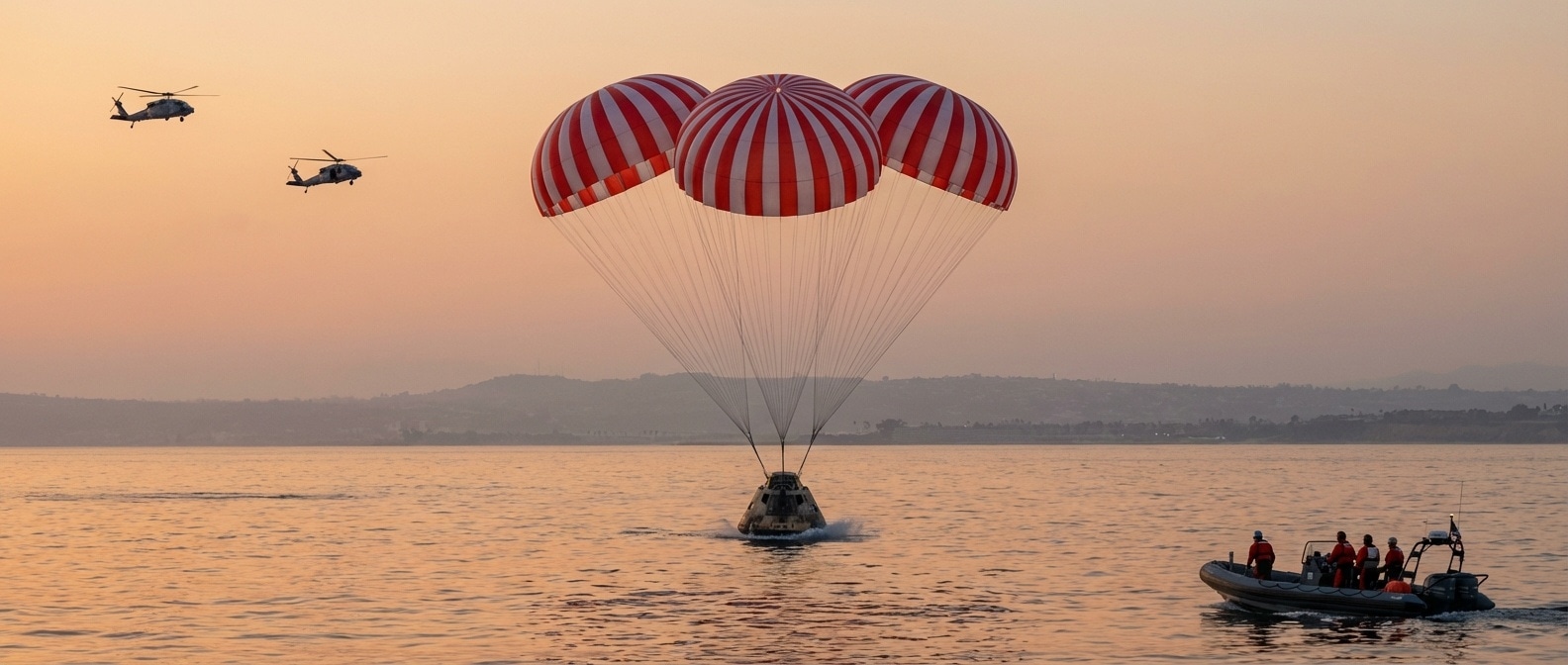 오리온 캡슐이 태평양 샌디에이고 인근 해상에 낙하산을 펴고 착수하는 장면