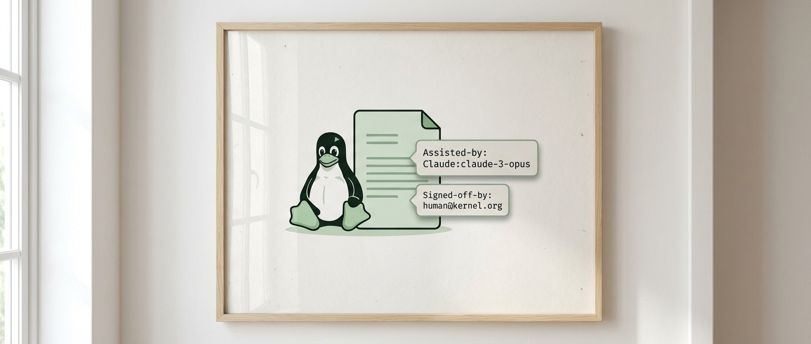 리눅스 펭귄 아이콘 옆에 붙은 Assisted-by 라벨 일러스트