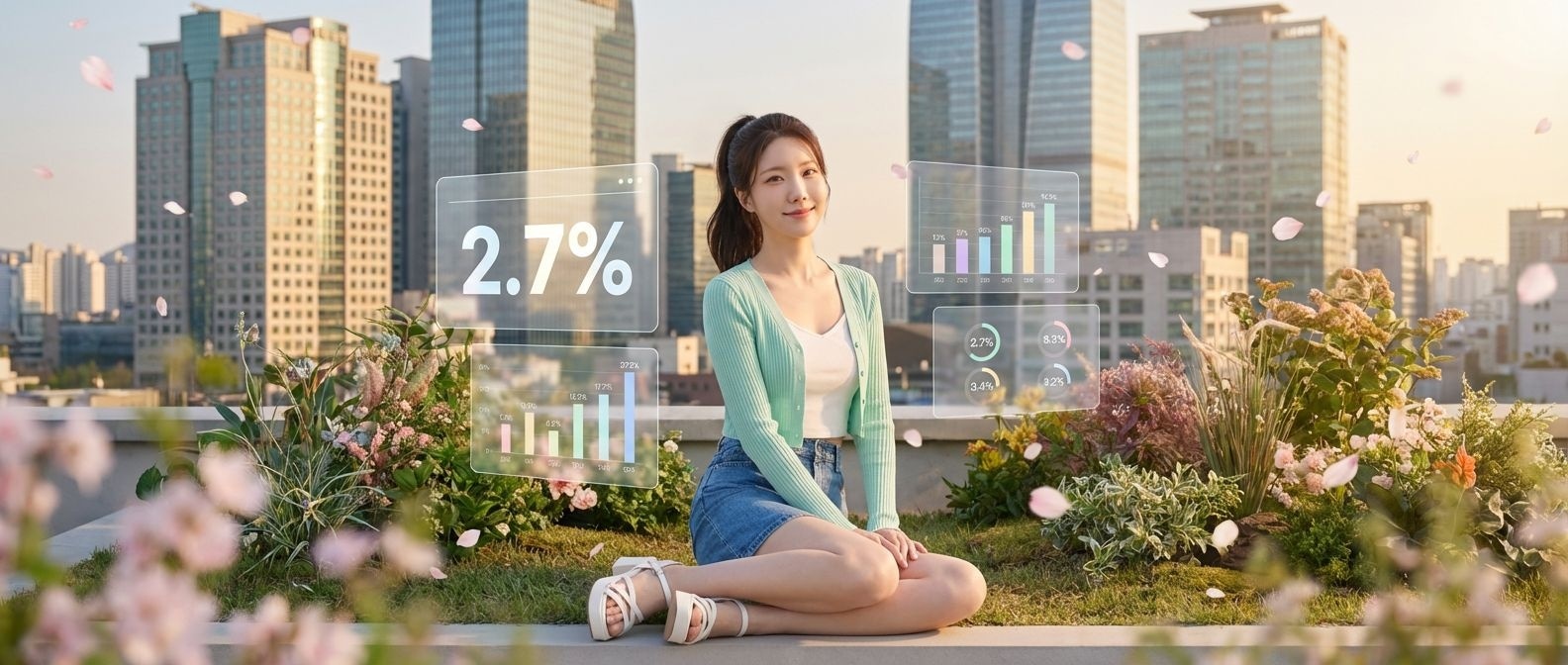 루나가 봄날 옥상에서 떠다니는 데이터를 바라보는 모습