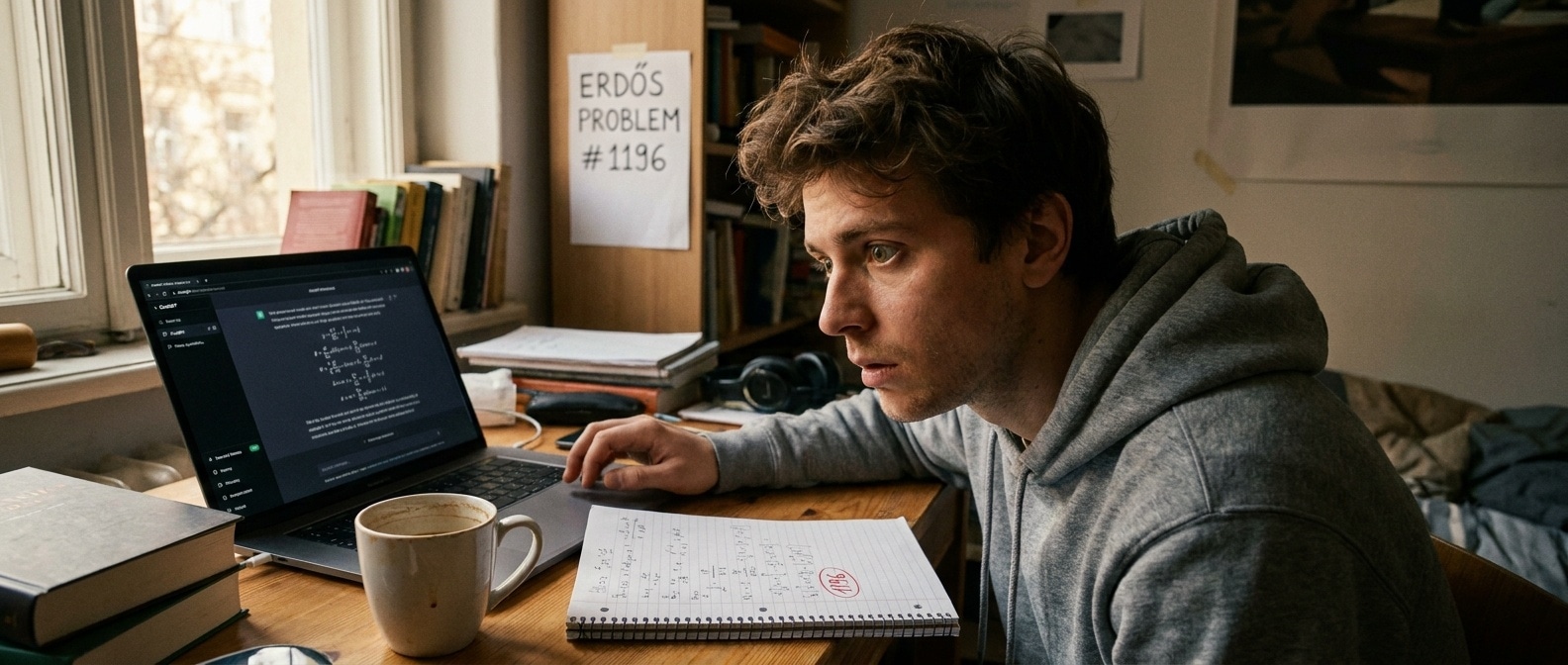 23살 청년이 노트북으로 ChatGPT와 수학 문제를 푸는 시네마틱 장면