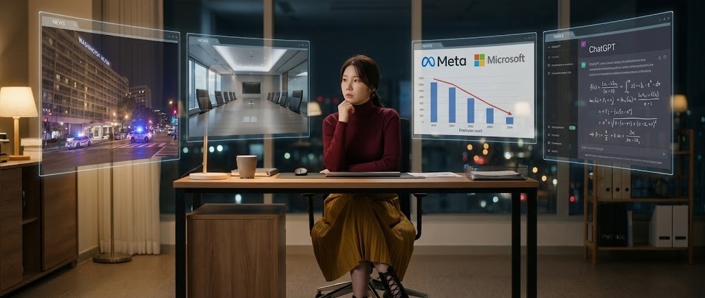 책상 위에 4개의 뉴스가 동시에 떠 있는 모습