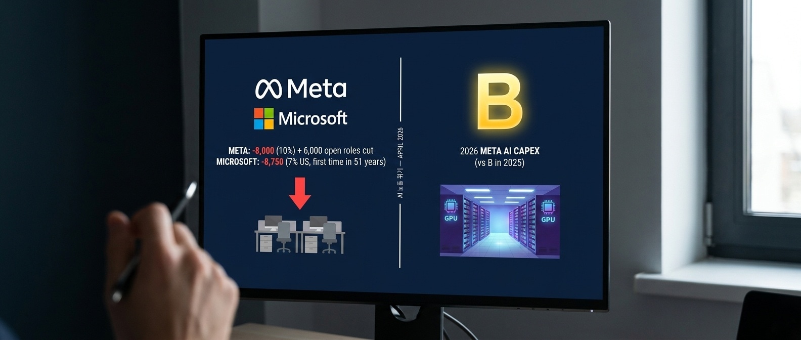 Meta와 Microsoft 해고 vs AI 투자 인포그래픽