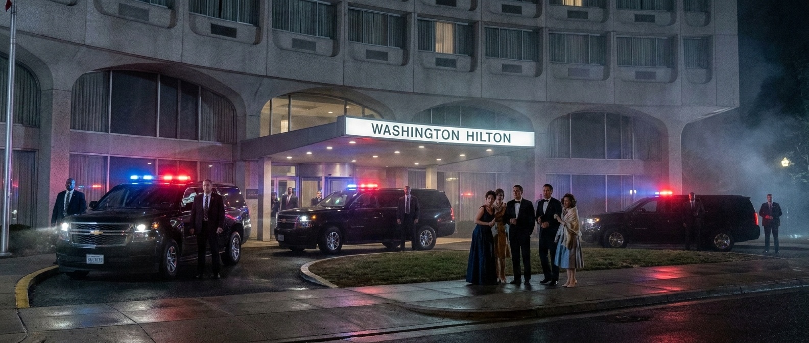 워싱턴 힐튼 호텔 외관과 시크릿서비스 SUV들