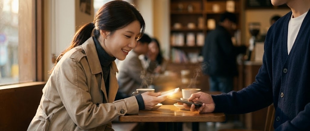 두 사람이 폰을 부딪쳐서 친구를 추가하는 모습