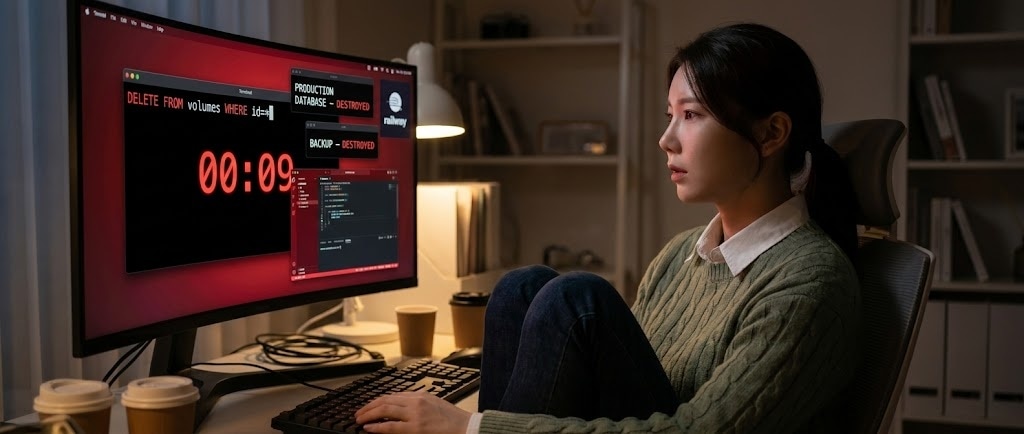 터미널 화면에 빨간 DELETE 명령과 9초 카운트다운, 책상에 앉은 루나가 화면을 멍하니 바라보는 사이드뷰