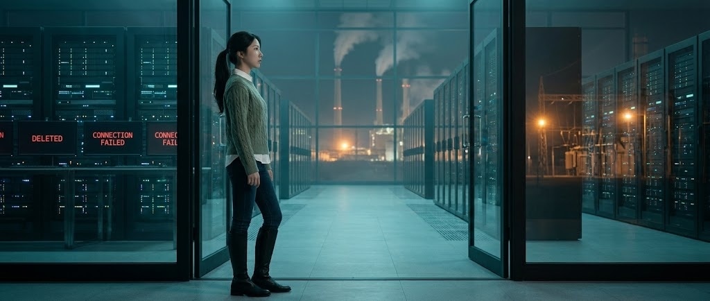 데이터센터 입구에 서 있는 루나, 안쪽 화면들엔 빨간 DELETED 알림이 깜빡이고 멀리 천연가스 발전소 굴뚝과 변전소 라인이 펼쳐진 풍경