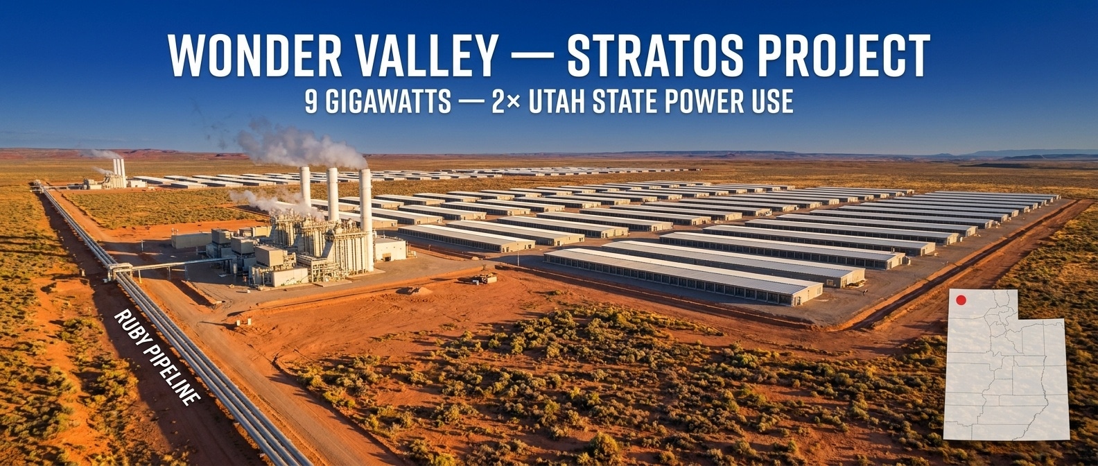 사막 평원에 거대한 데이터센터 단지와 천연가스 파이프라인이 직결된 인포그래픽 스타일 일러스트, 9GW Wonder Valley 표시