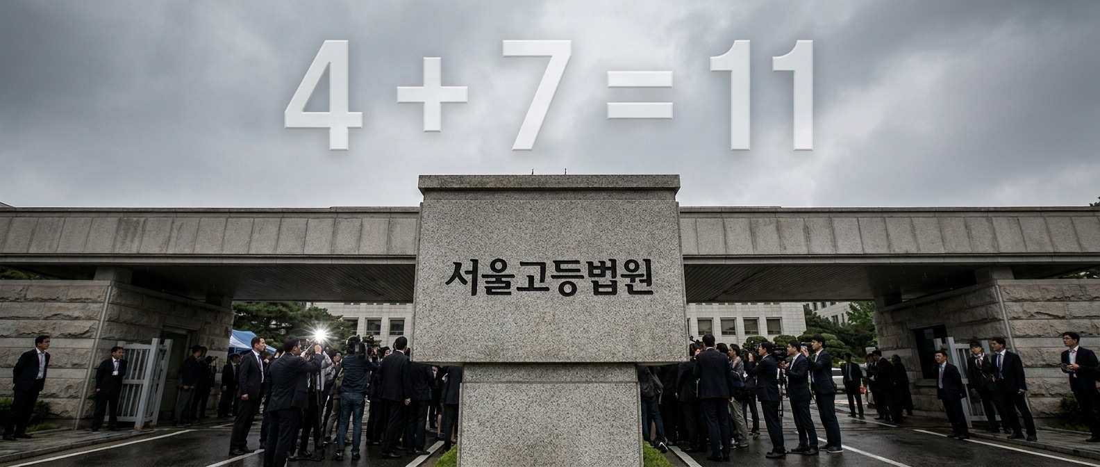 법원 외관에서 카메라 플래시가 터지는 와이드 시네마틱 컷, 하늘은 흐린 회색, 입구 앞에 검은 양복의 사람들과 기자들이 모여있고 화면 한쪽에 4와 7 숫자가 차분히 떠있는 구도 (인물 클로즈업 없음)