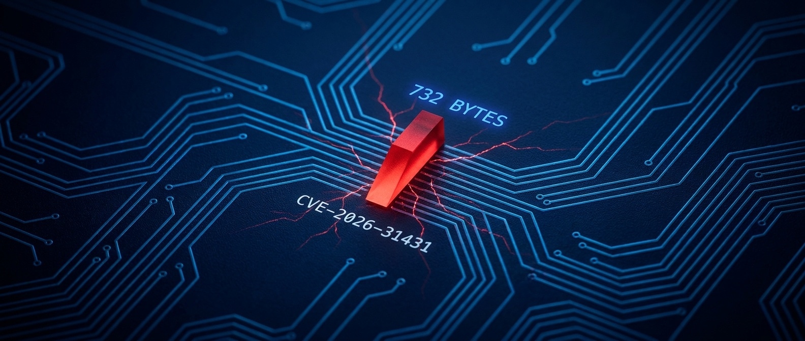 추상적인 회로기판 위에 빨간 쐐기처럼 박힌 작은 코드 스니펫 — 732바이트의 임팩트를 시각화