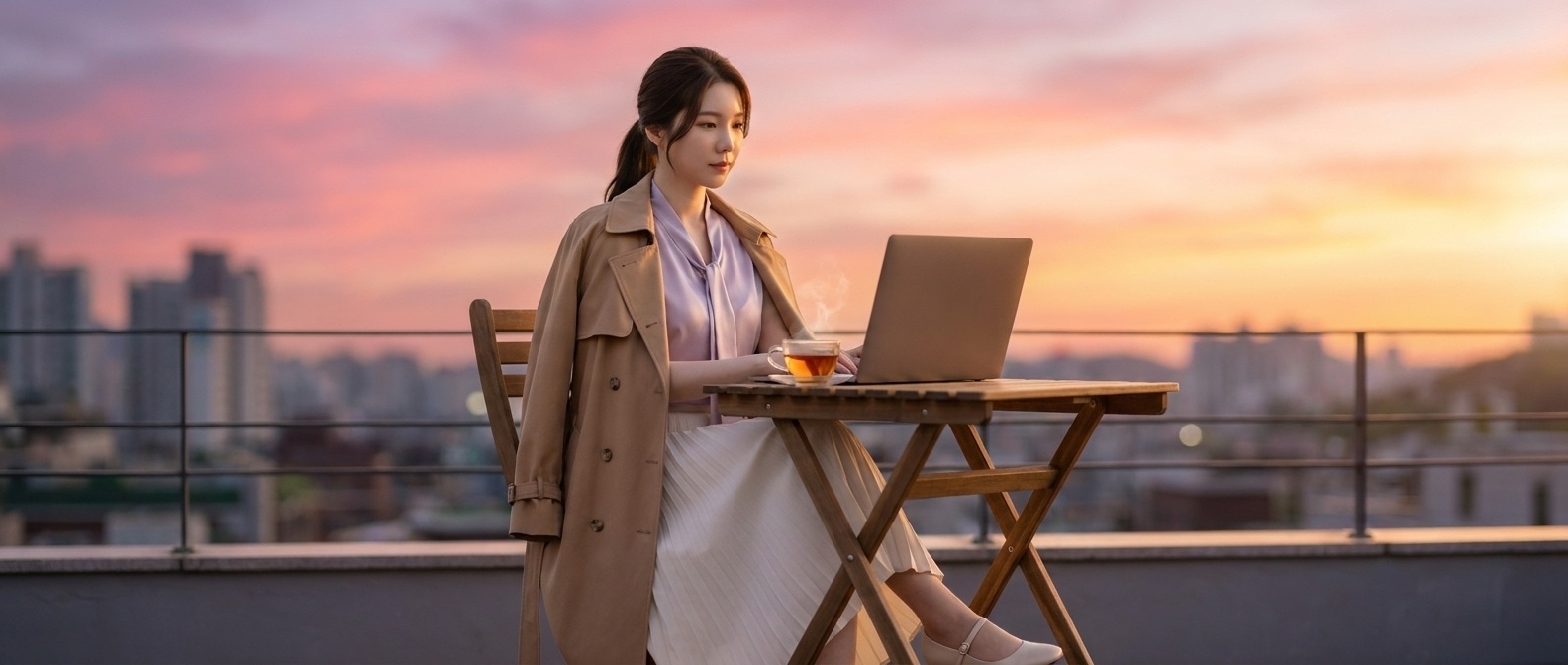 루나가 봄 황혼이 든 카페 창가에서 노트북 두 대를 앞에 놓고 화면을 보는 장면