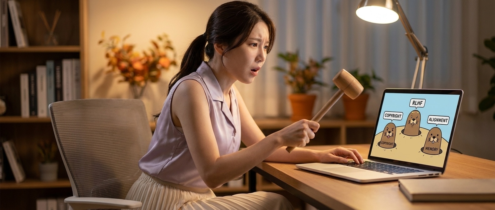 루나가 노트북 화면 속 모형 두더지를 망치로 누르려다가, 화면 다른 쪽에서 같은 두더지가 더 크게 솟아나는 모습을 보고 황당해하는 표정