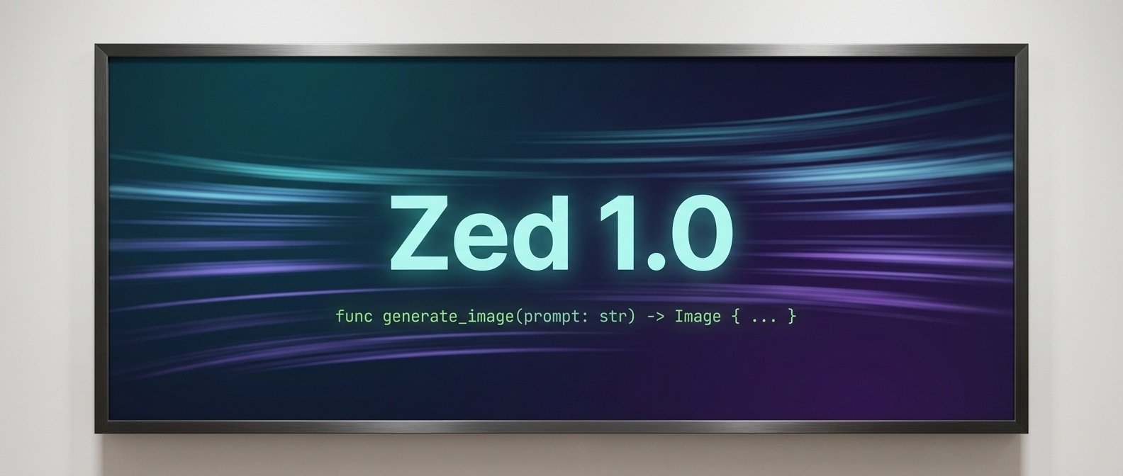 Zed 에디터 로고 컨셉, 청록색 그라디언트 배경에 GPU 셰이더 라인이 흐르는 추상 이미지