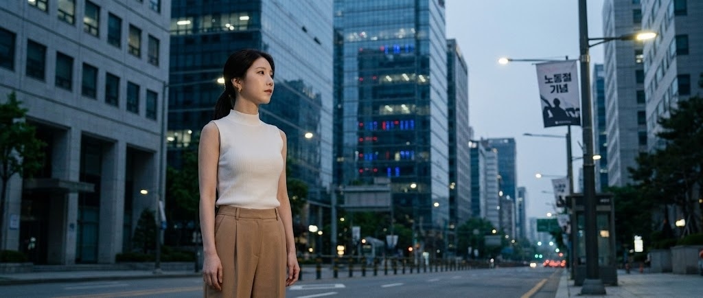 도심 노동절 거리에 서 있는 루나, 뒤로 깜빡이는 데이터센터 불빛
