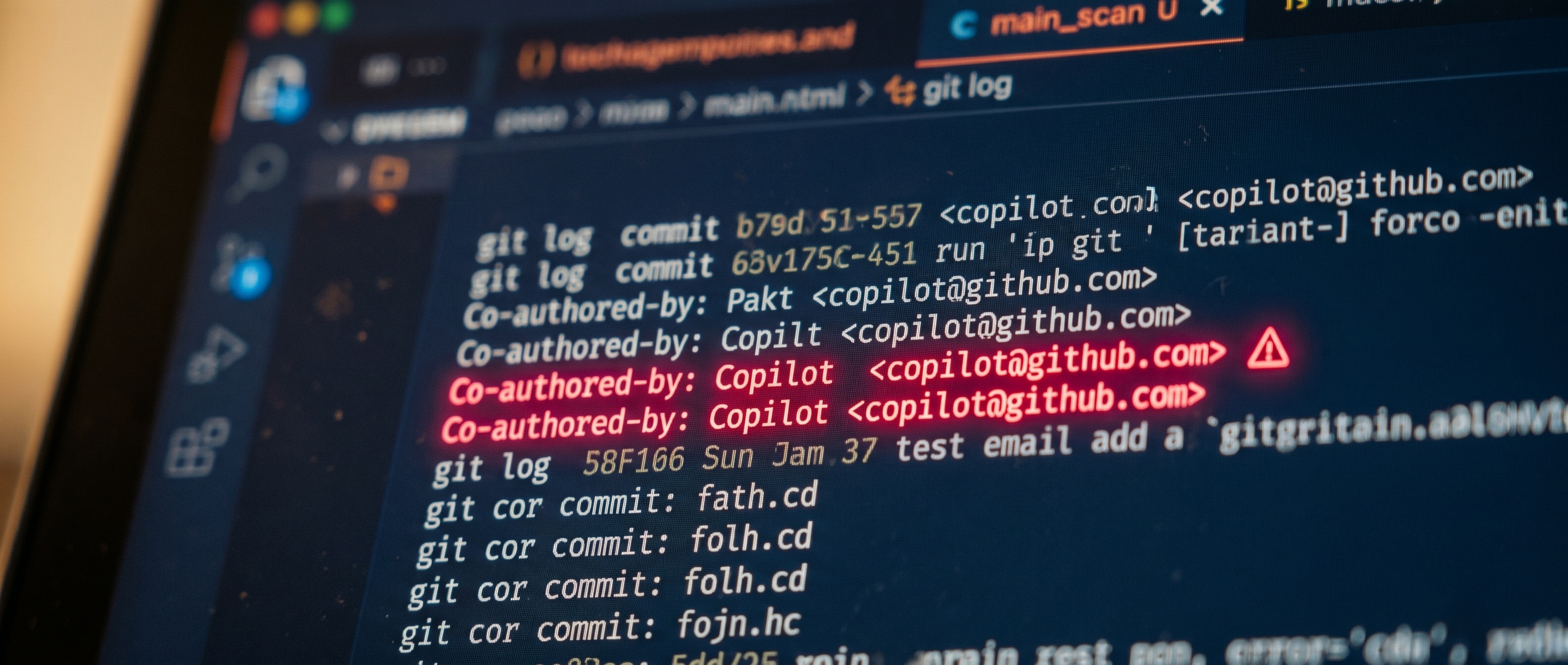 git log 화면에 강조 표시된 Co-authored-by Copilot 트레일러 클로즈업