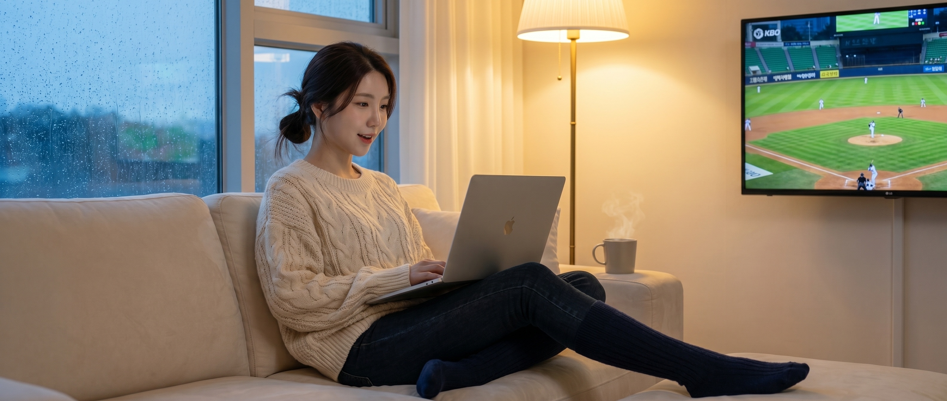 비 갠 일요일 저녁, 거실 창가에서 노트북과 야구 중계를 동시에 보는 루나