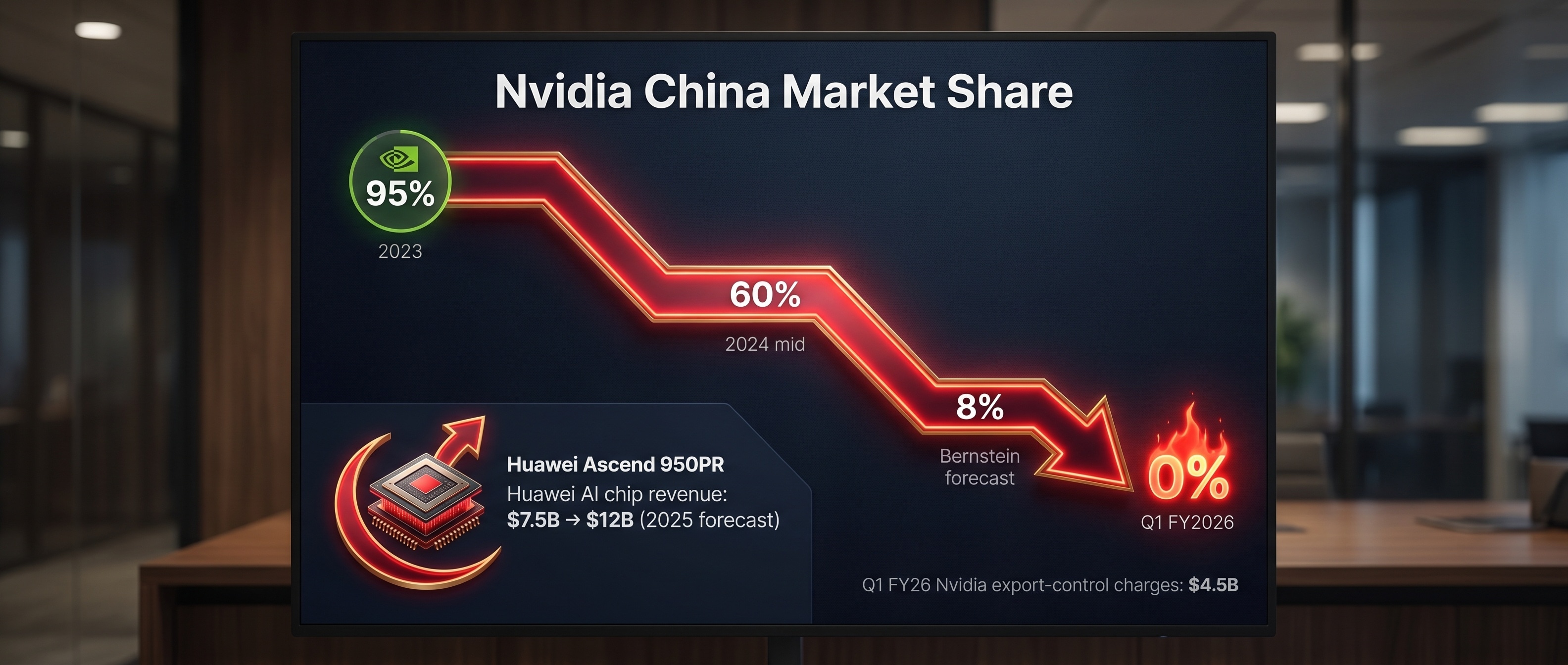 Nvidia 중국 점유율 95% → 0% 붕괴와 화웨이 Ascend 부상 인포그래픽