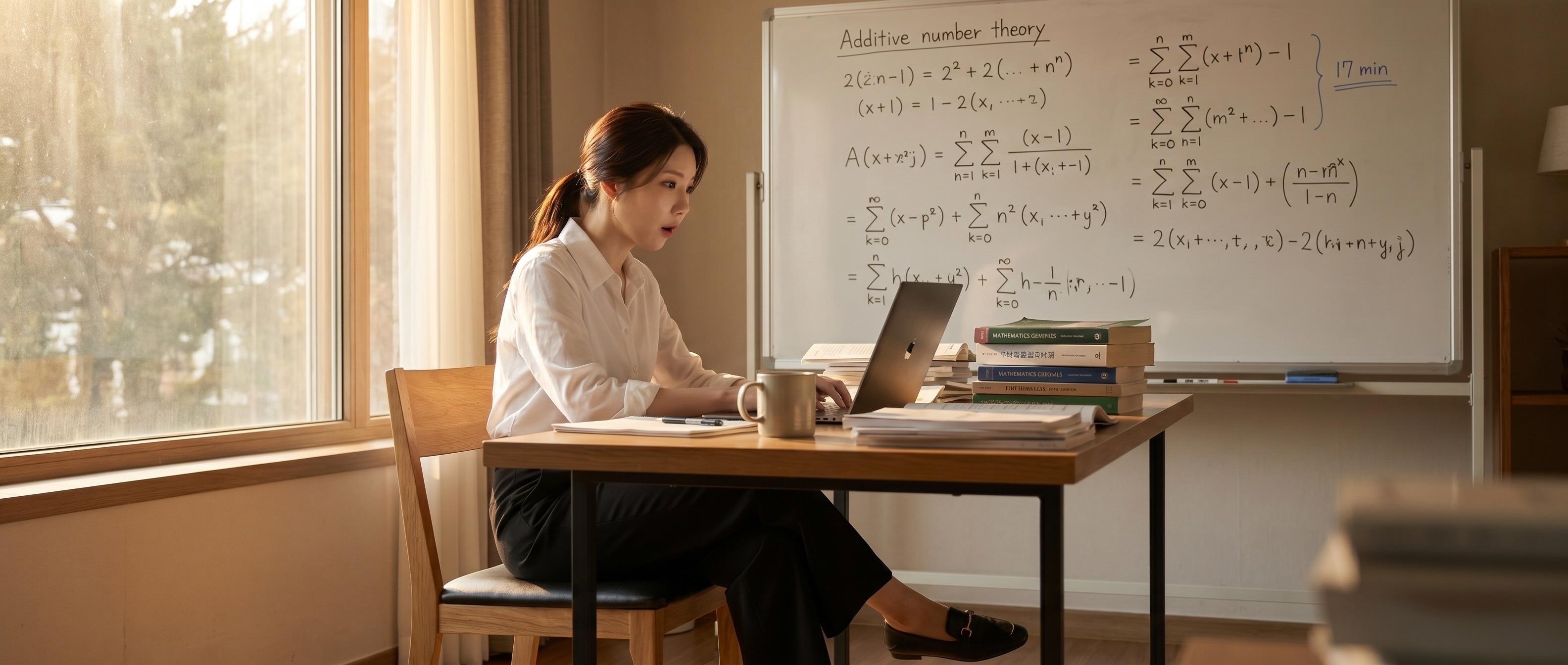 책상 위 노트북에 떠 있는 수학 증명을 보고 있는 루나