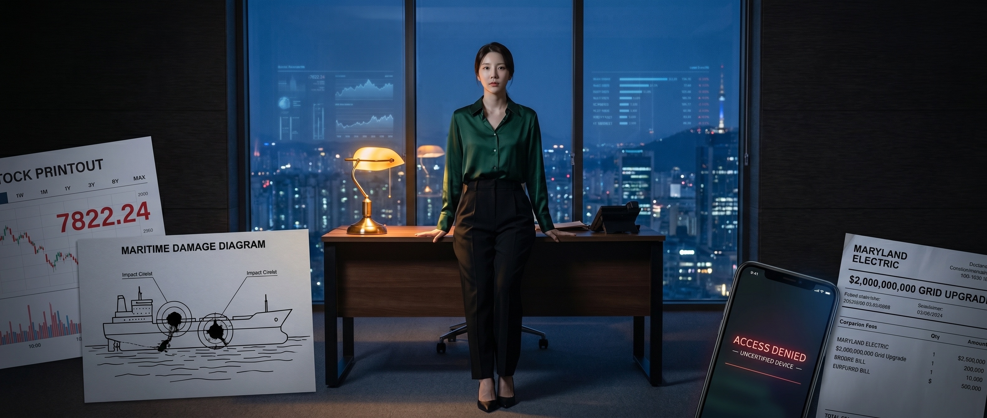 책상 위 네 장의 청구서를 내려다보는 루나