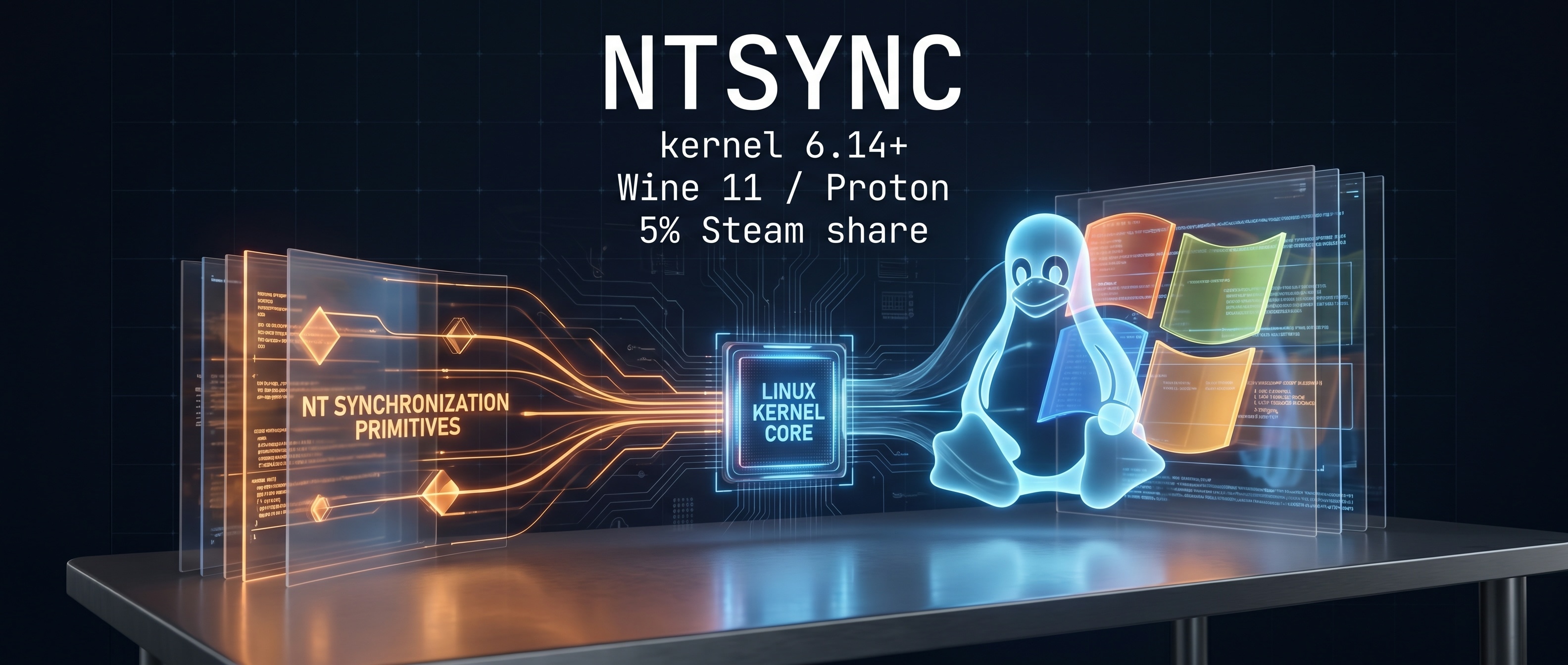 NTSYNC — Windows API가 Linux 커널로 흡수되는 시각적 메타포
