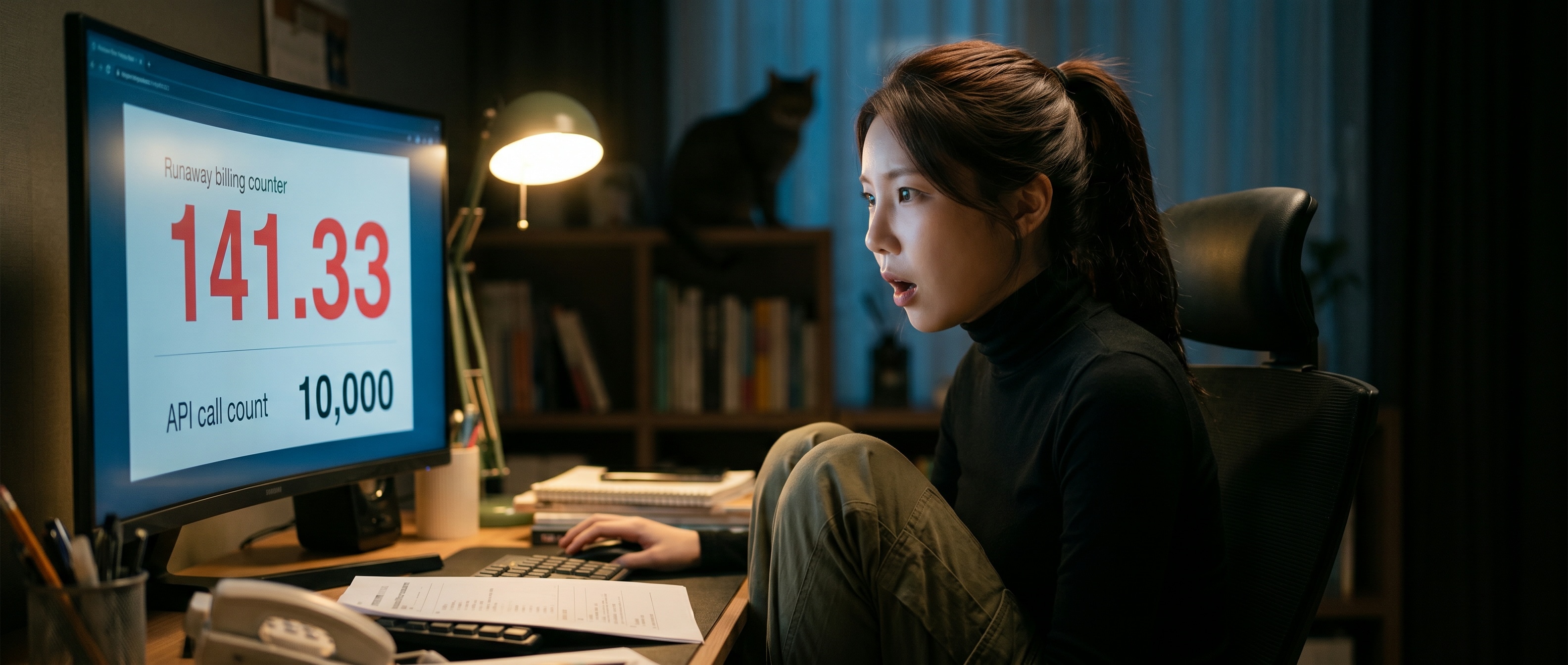 끝없이 올라가는 청구서 카운터를 어이없다는 표정으로 바라보는 루나