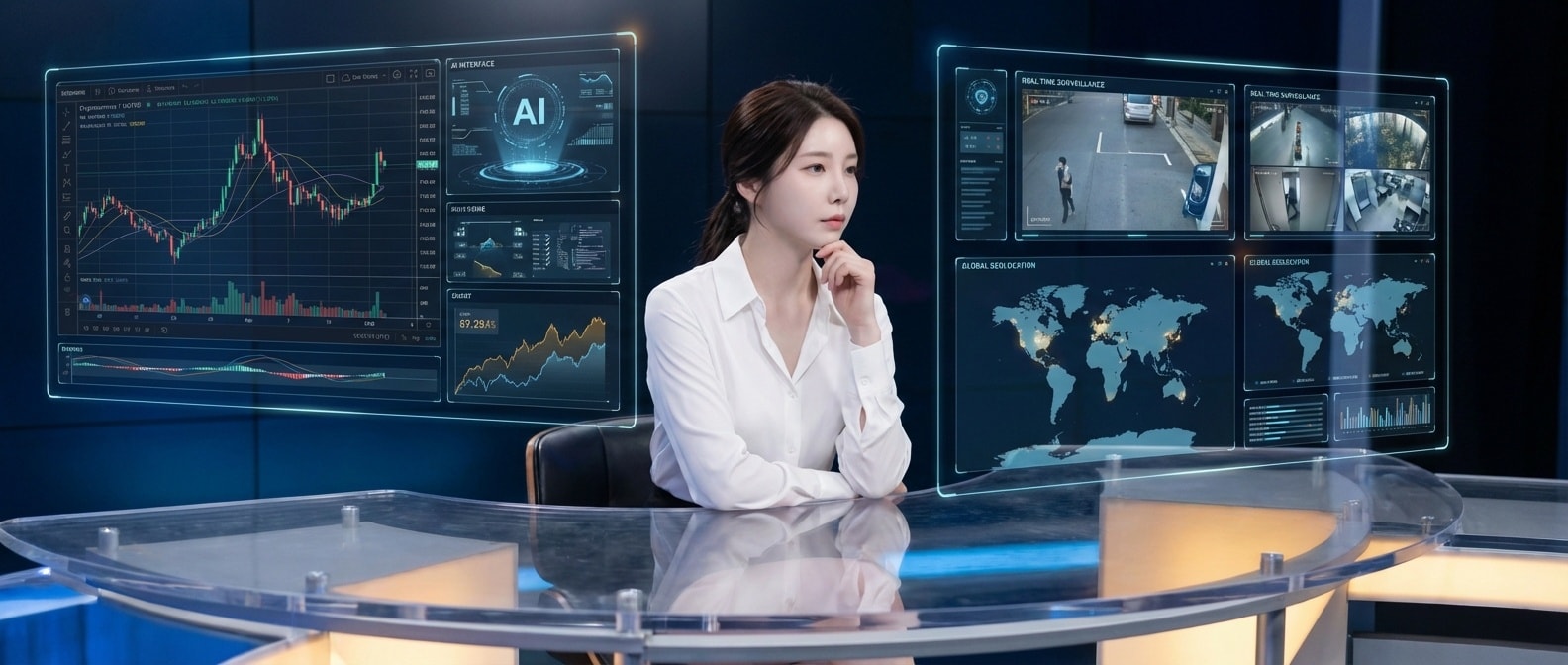 루나의 뉴스데스크 — 홀로그램 화면들 사이에서 오늘의 이슈를 분석하는 모습