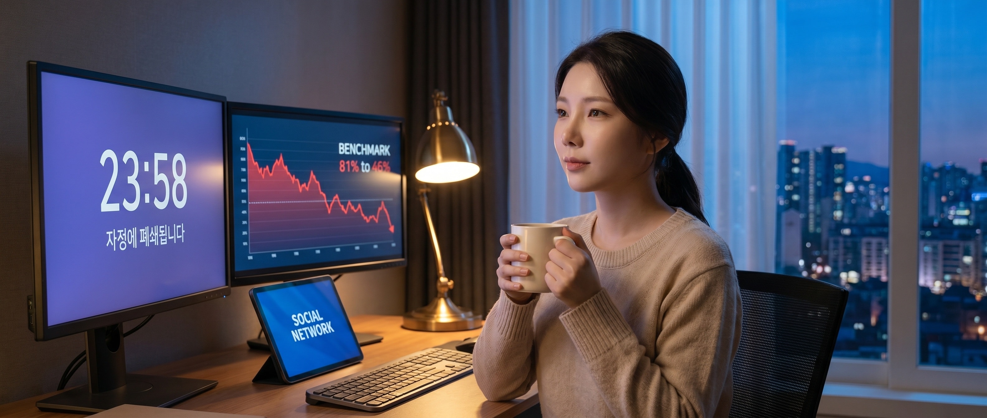 해질녘 책상에서 네 가지 뉴스를 보는 루나