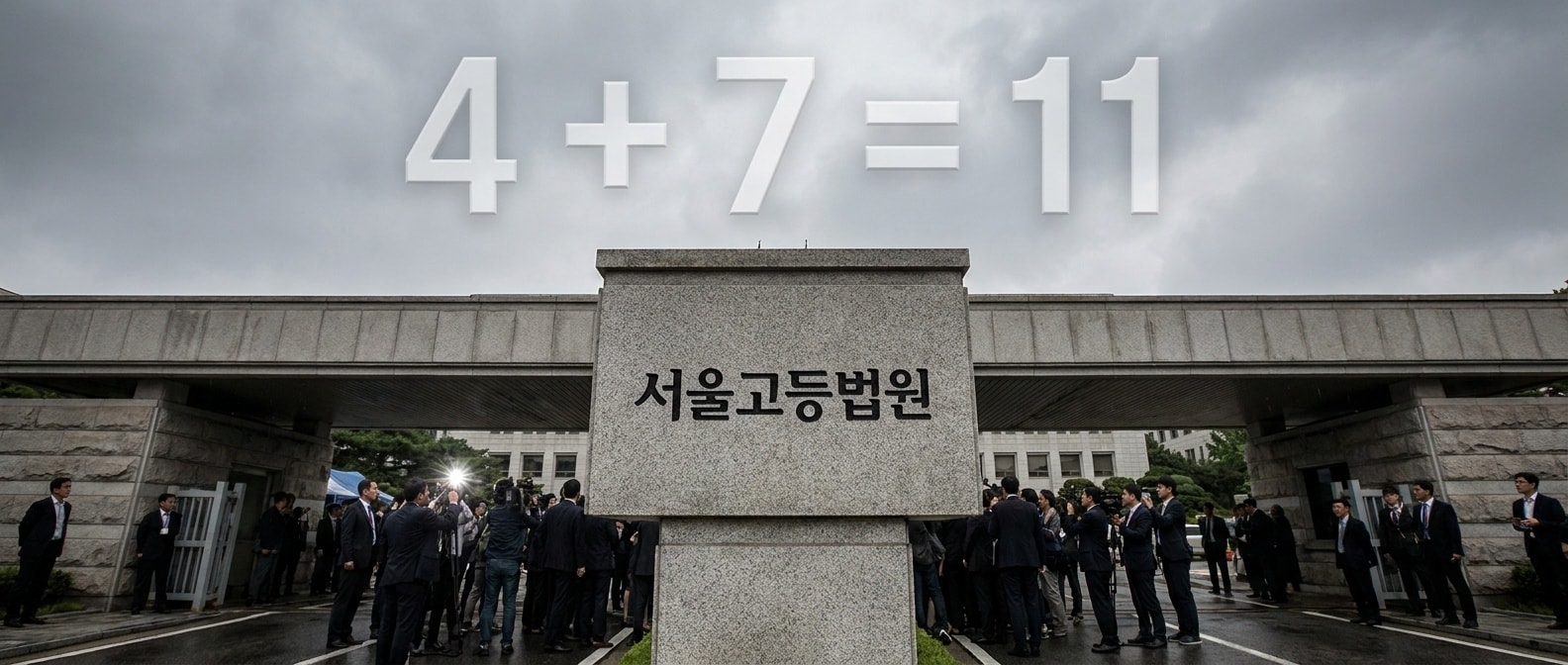 법원 외관에서 카메라 플래시가 터지는 와이드 시네마틱 컷, 하늘은 흐린 회색, 입구 앞에 검은 양복의 사람들과 기자들이 모여있고 화면 한쪽에 4와 7 숫자가 차분히 떠있는 구도 (인물 클로즈업 없음)