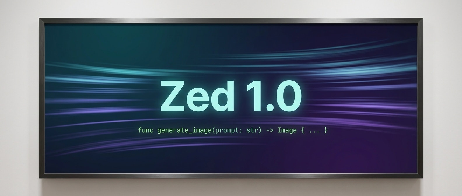 Zed 에디터 로고 컨셉, 청록색 그라디언트 배경에 GPU 셰이더 라인이 흐르는 추상 이미지