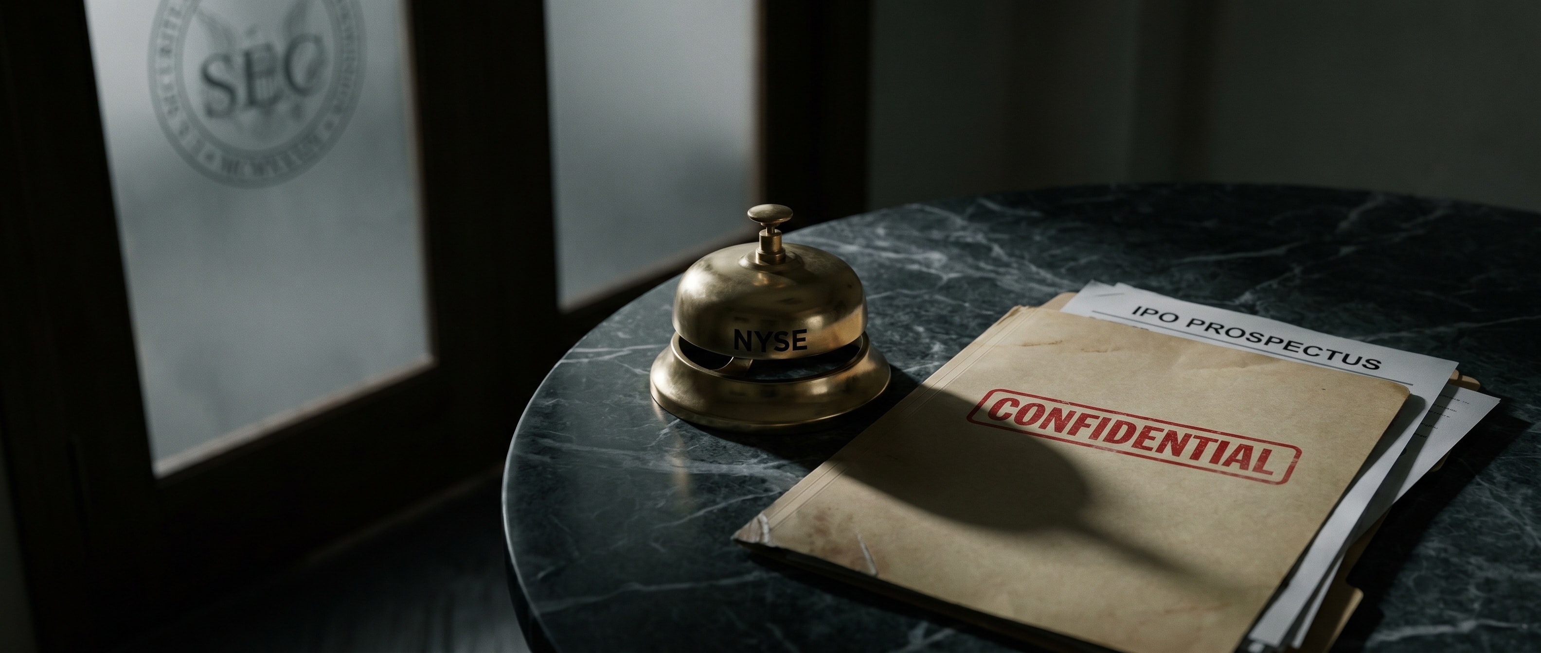 뉴욕 증권거래소 벨과 'CONFIDENTIAL' 도장이 찍힌 IPO 서류, 그 위로 드리운 SEC 조사 그림자, 사람 없는 시네마틱 정물