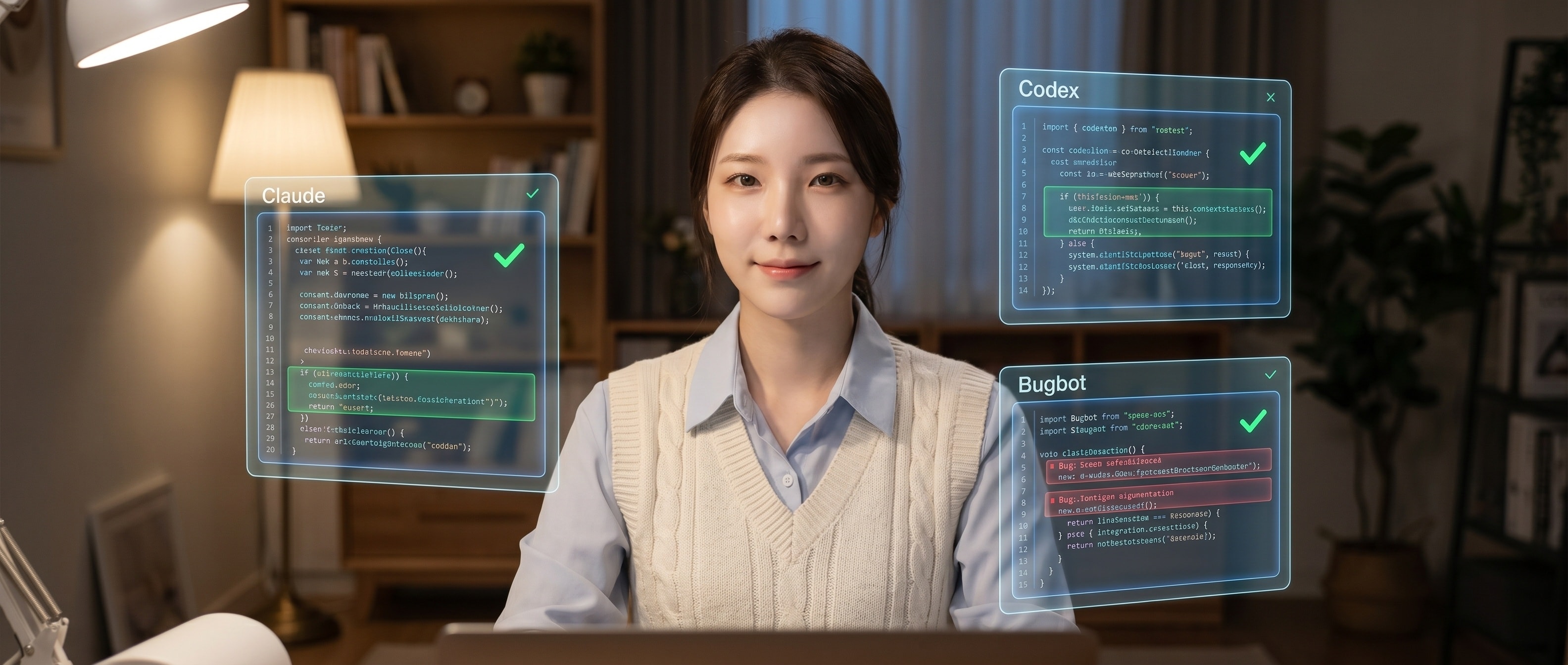 책상 앞에서 세 개의 코드 리뷰 패널을 띄워 두고 차분히 검토하는 루나, 화면을 응시하지 않고 정면을 향함