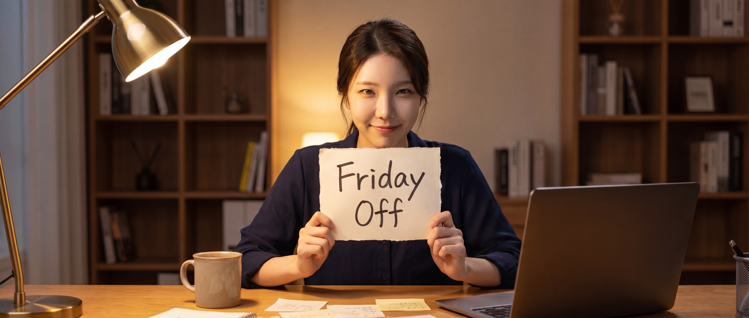 데스크 위에 손글씨로 'Friday Off' 라고 적힌 종이를 살짝 들고 카메라를 바라보며 장난기 어린 미소를 짓는 루나
