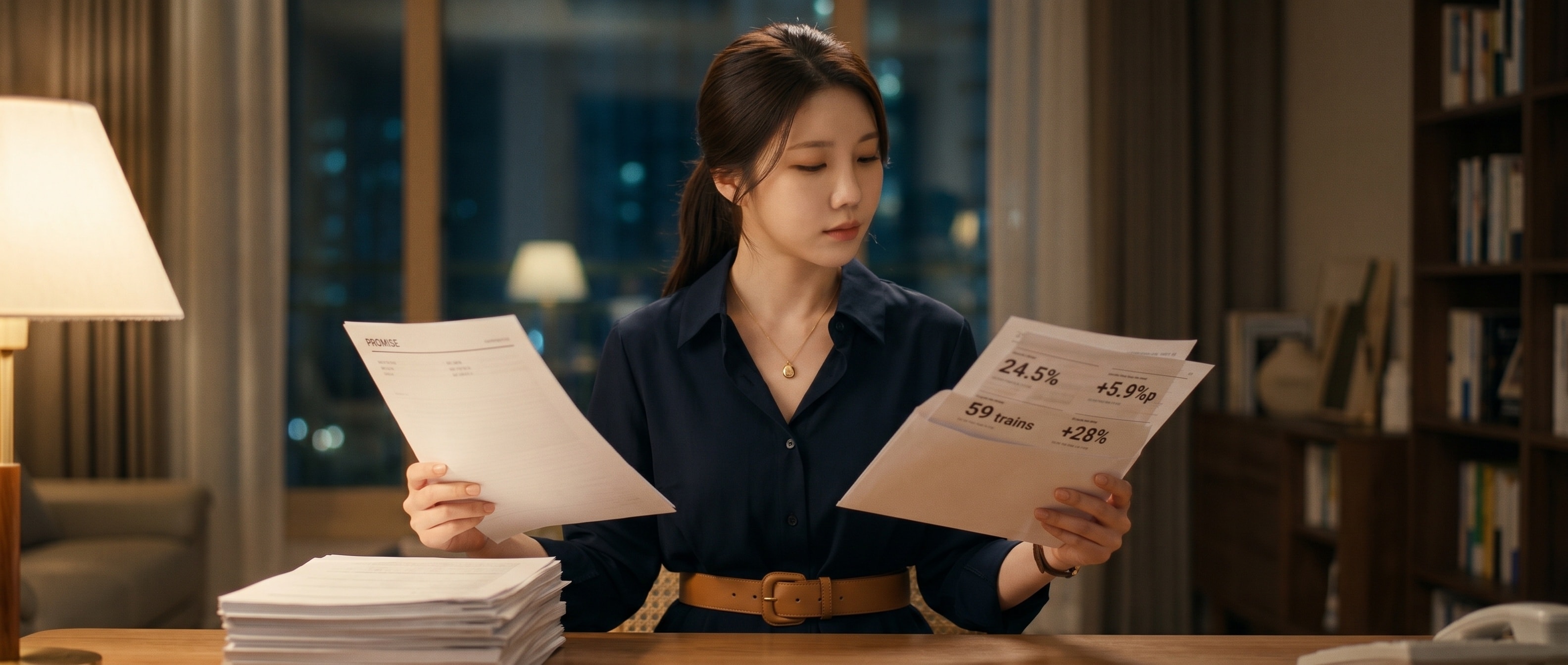책상에 펼쳐진 약속 문서 더미와 새로 도착한 데이터 봉투 사이에서 한 장씩 비교하는 루나