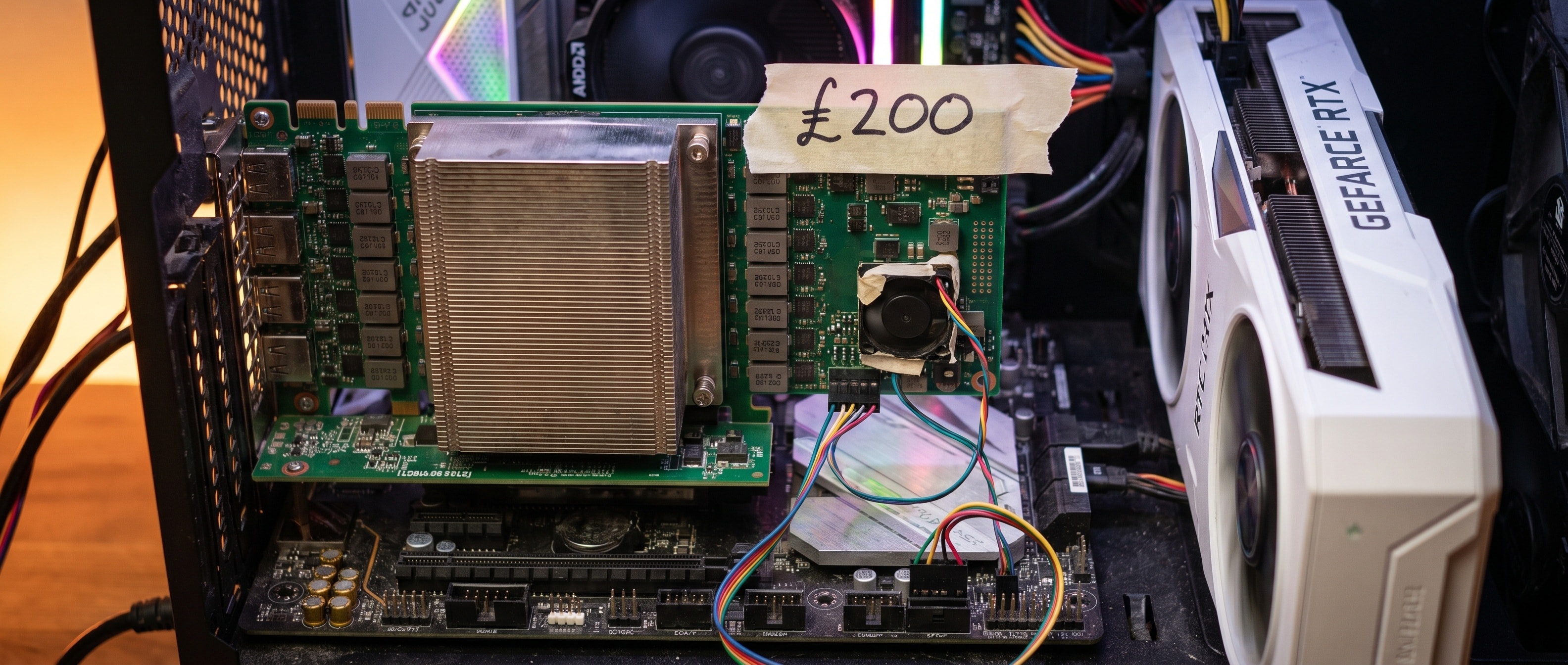 책상 위 게이밍 PC에 꽂힌 데이터센터 GPU, 점퍼선으로 길들인 팬