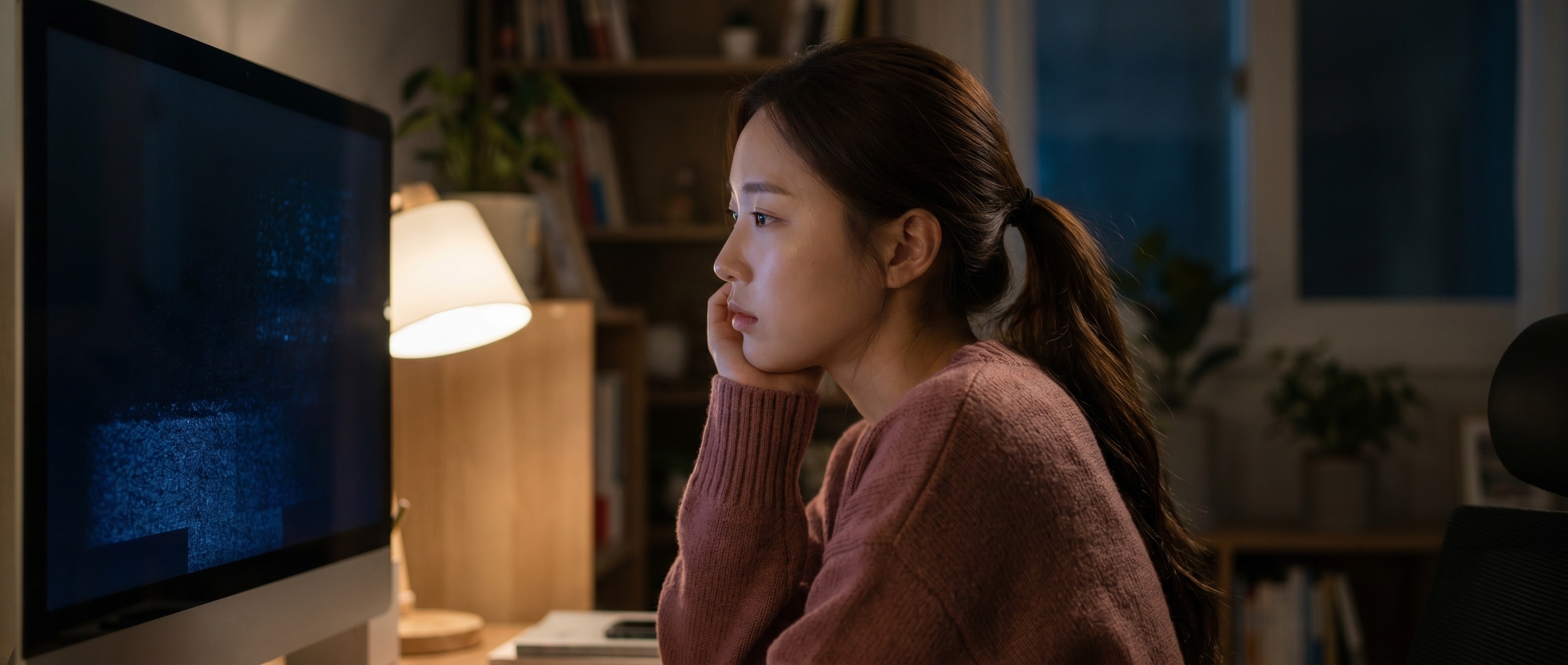 조용히 흐려지는 화면 앞에서 씁쓸하게 바라보는 루나