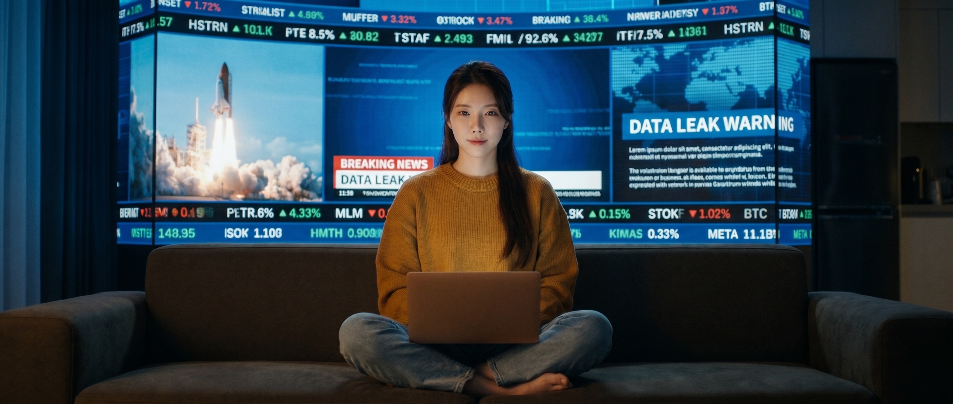 거대한 뉴스 스크린 앞에서 작은 노트북을 켠 루나