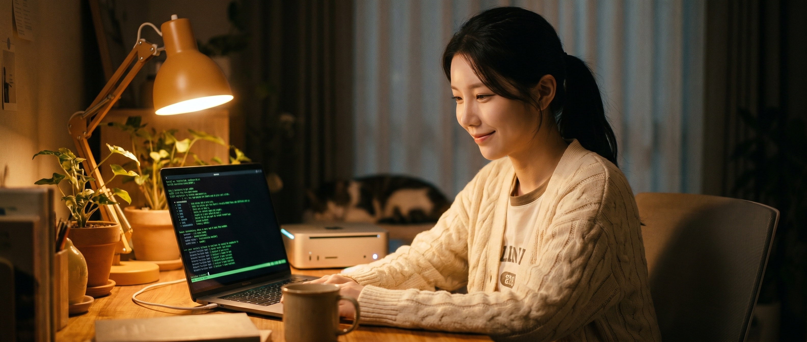 노트북에서 로컬 모델을 돌리며 만족스럽게 웃는 루나