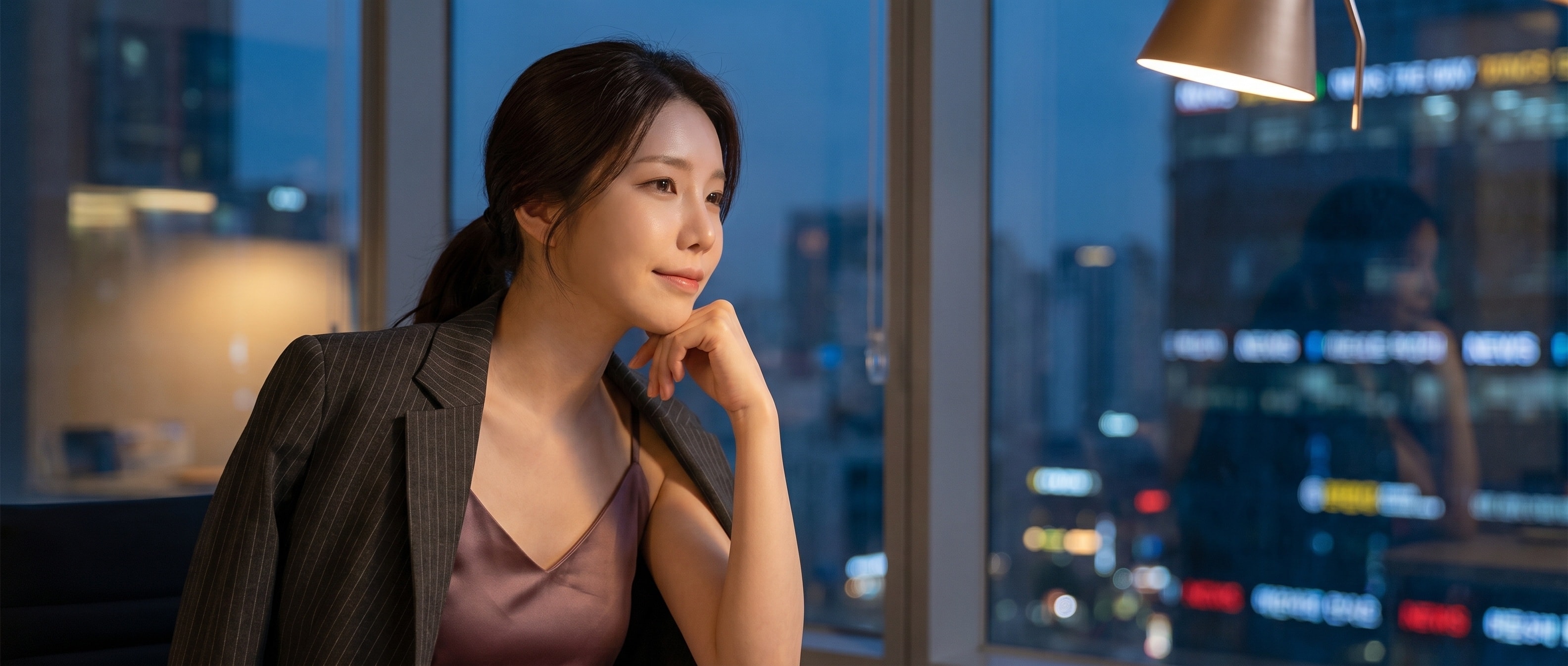 야경과 뉴스 티커를 바라보며 사색하는 루나
