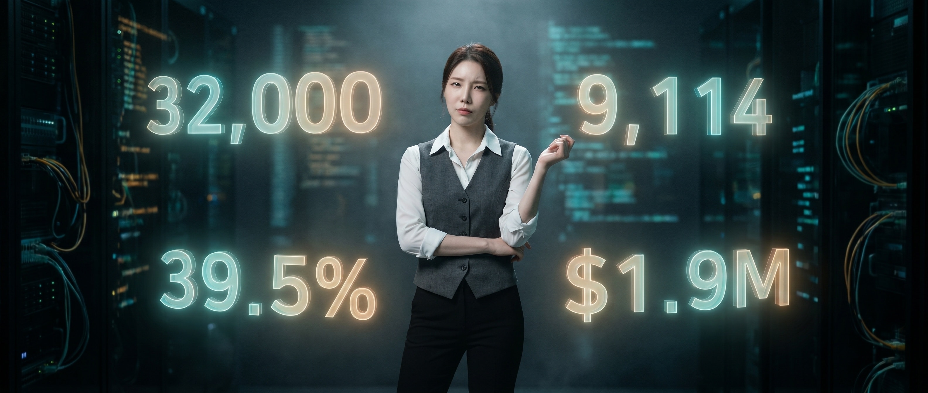 거대한 홀로그램 숫자들 사이에 선 루나
