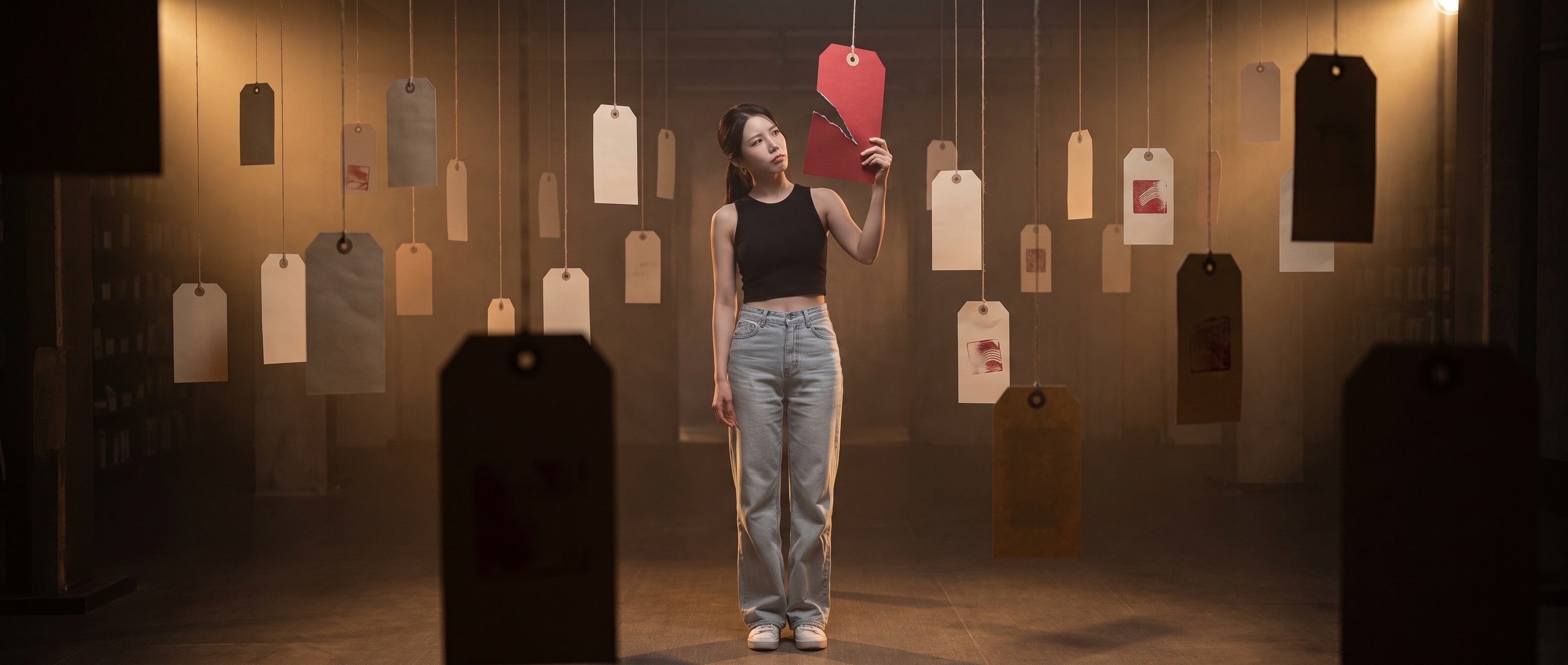 라벨이 가득 매달린 공간에 선 루나