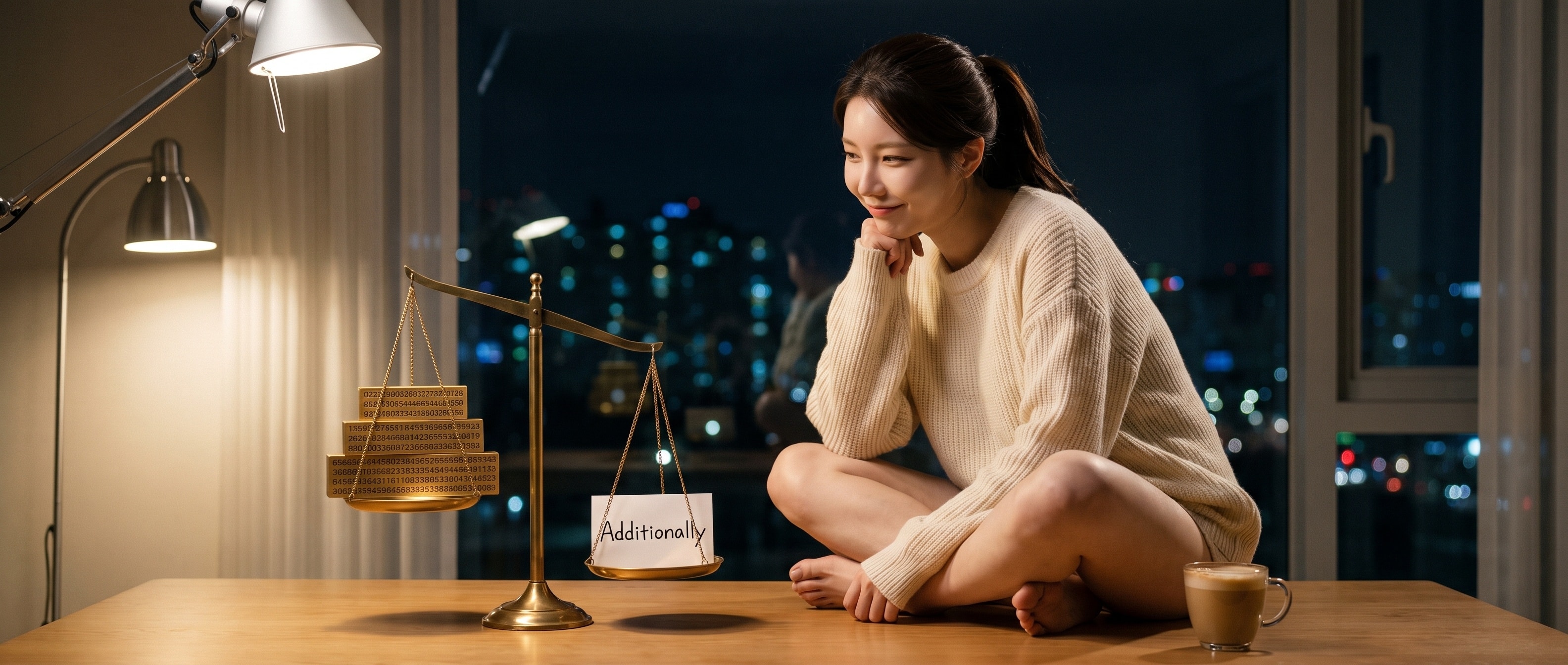 저울 위에 조 단위 숫자 블록과 단어 카드 하나를 올려보는 루나